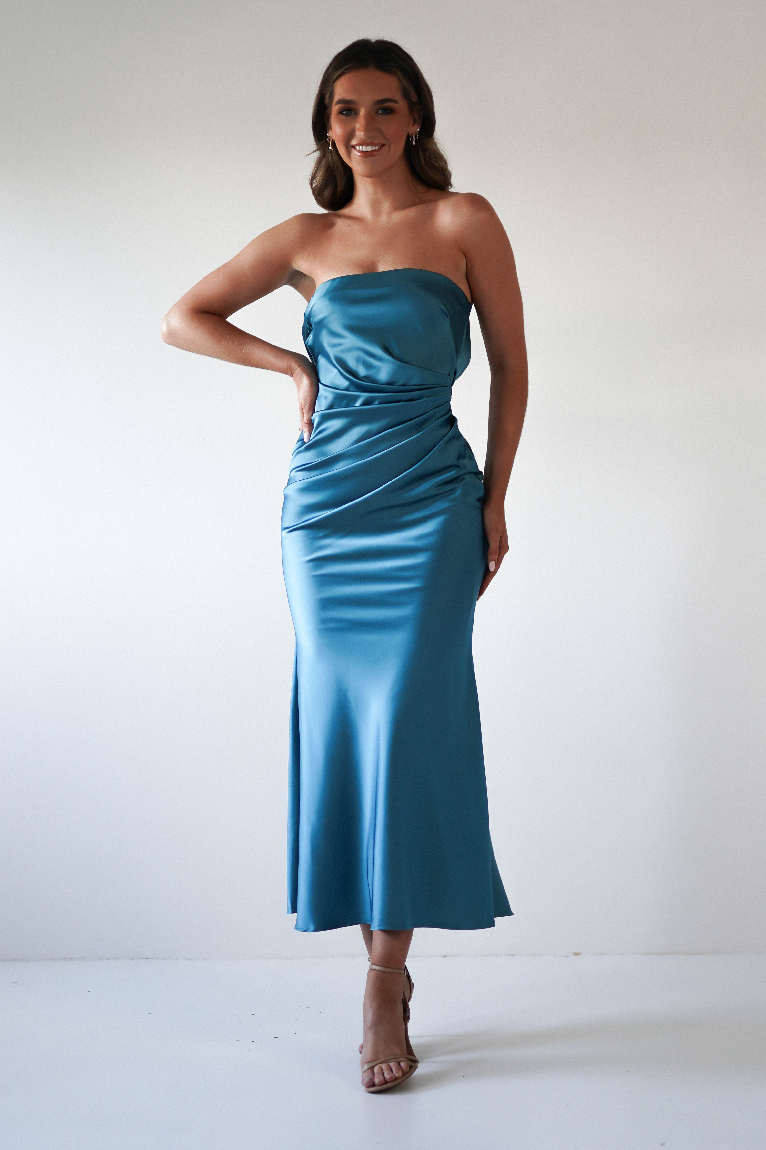 Allegra Robin Blue Gathered Midaxi Dress | Oh Hello Clothing | Oh Hello Clothing