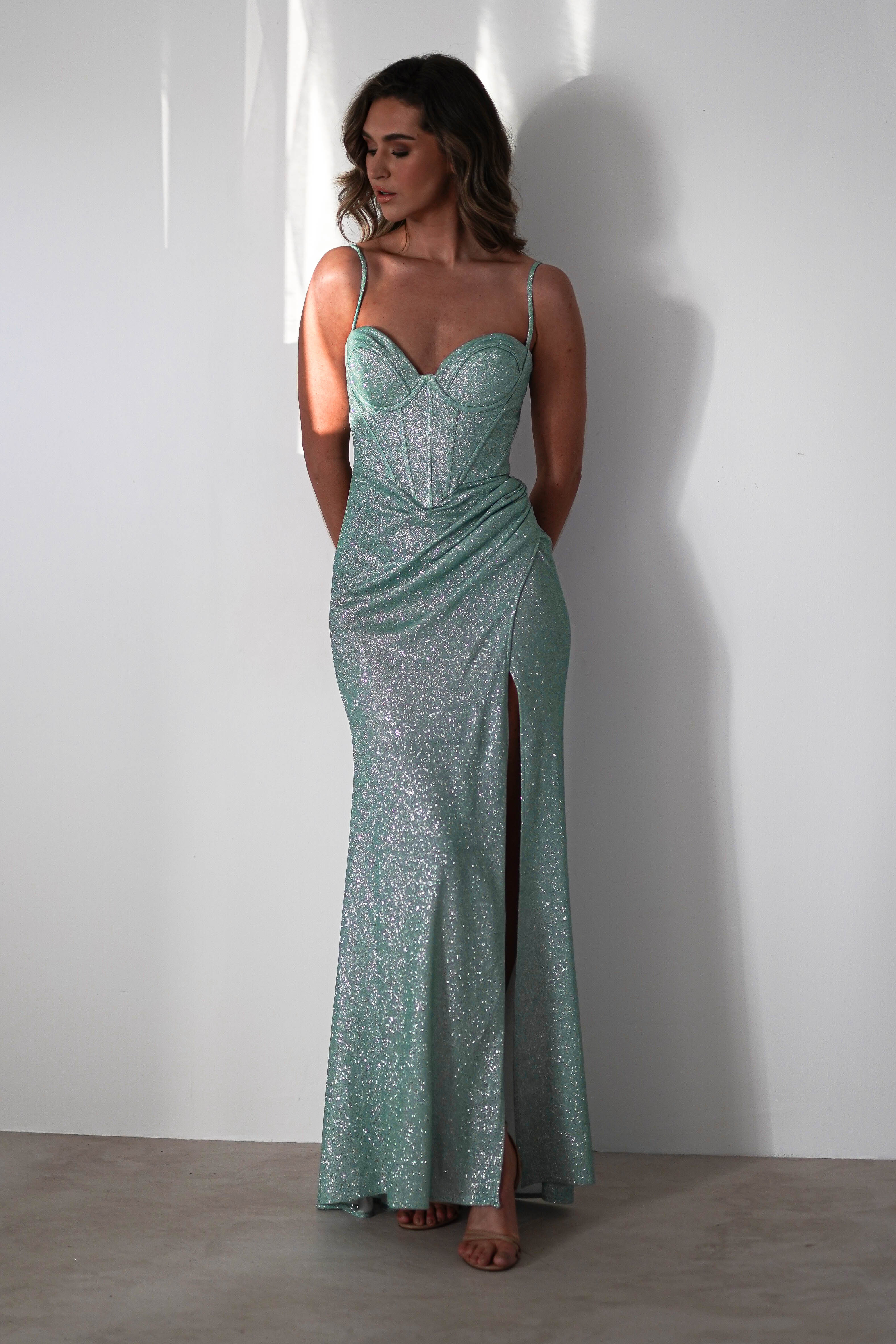 Anastasia Glitter Sweetheart Gown | Light Green | Debs & Prom | Formal Gown | Oh Hello Clothing