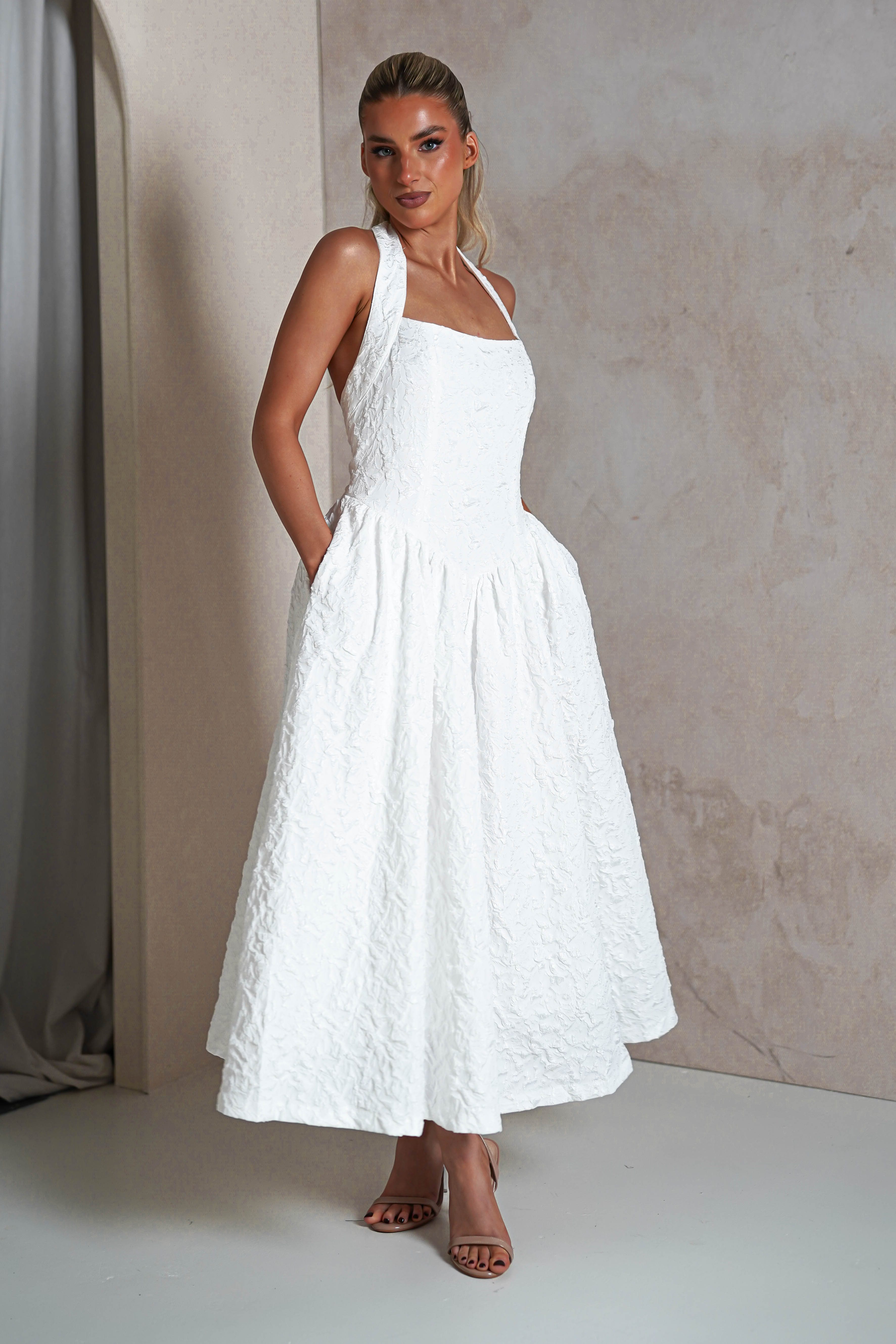 Margot Textured Midaxi Dress | White | Graduation | Bride To Be Hen Dress | Oh Hello Clothing