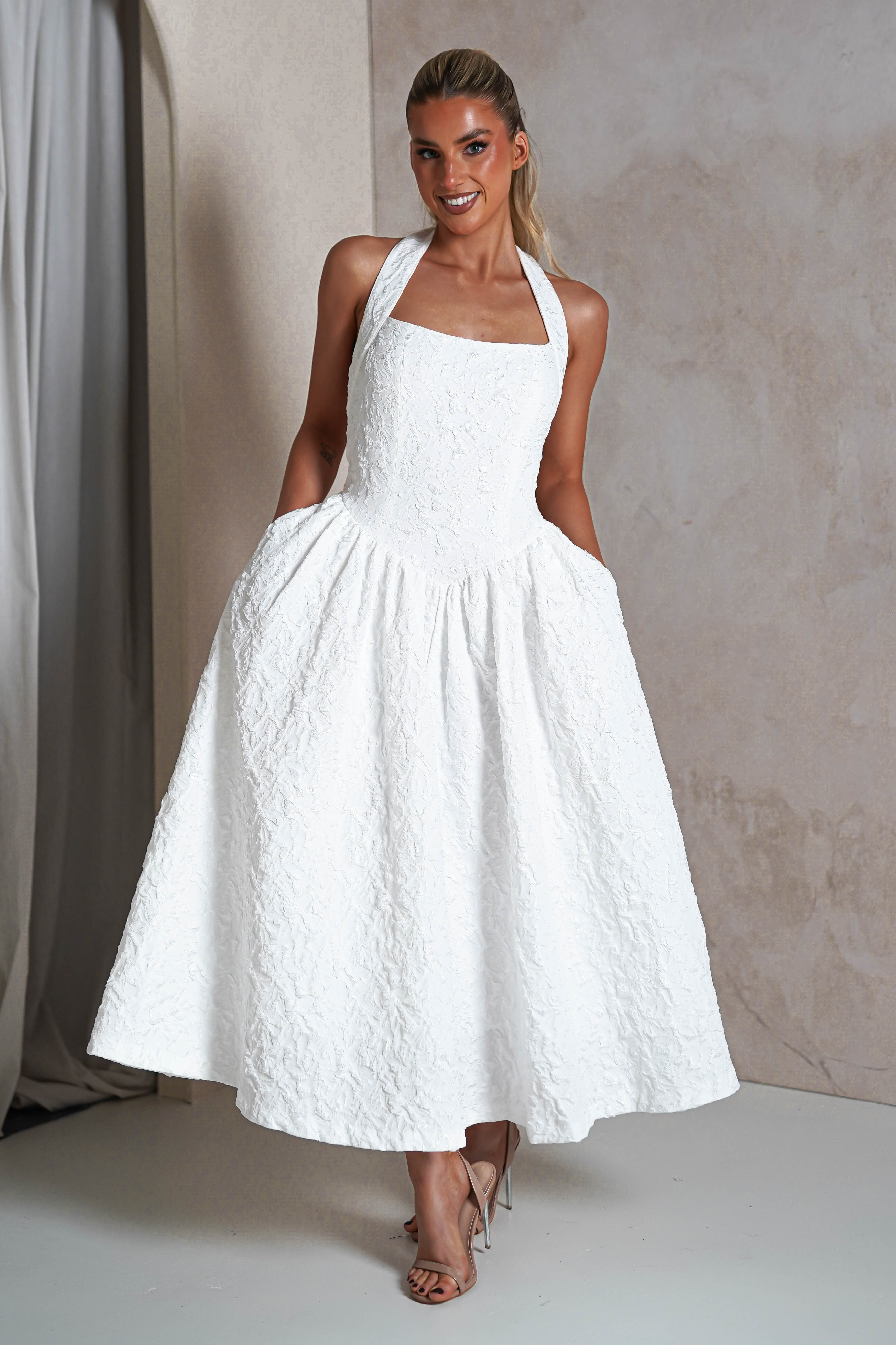 Margot Textured Midaxi Dress | White | Graduation | Bride To Be Hen Dress | Oh Hello Clothing