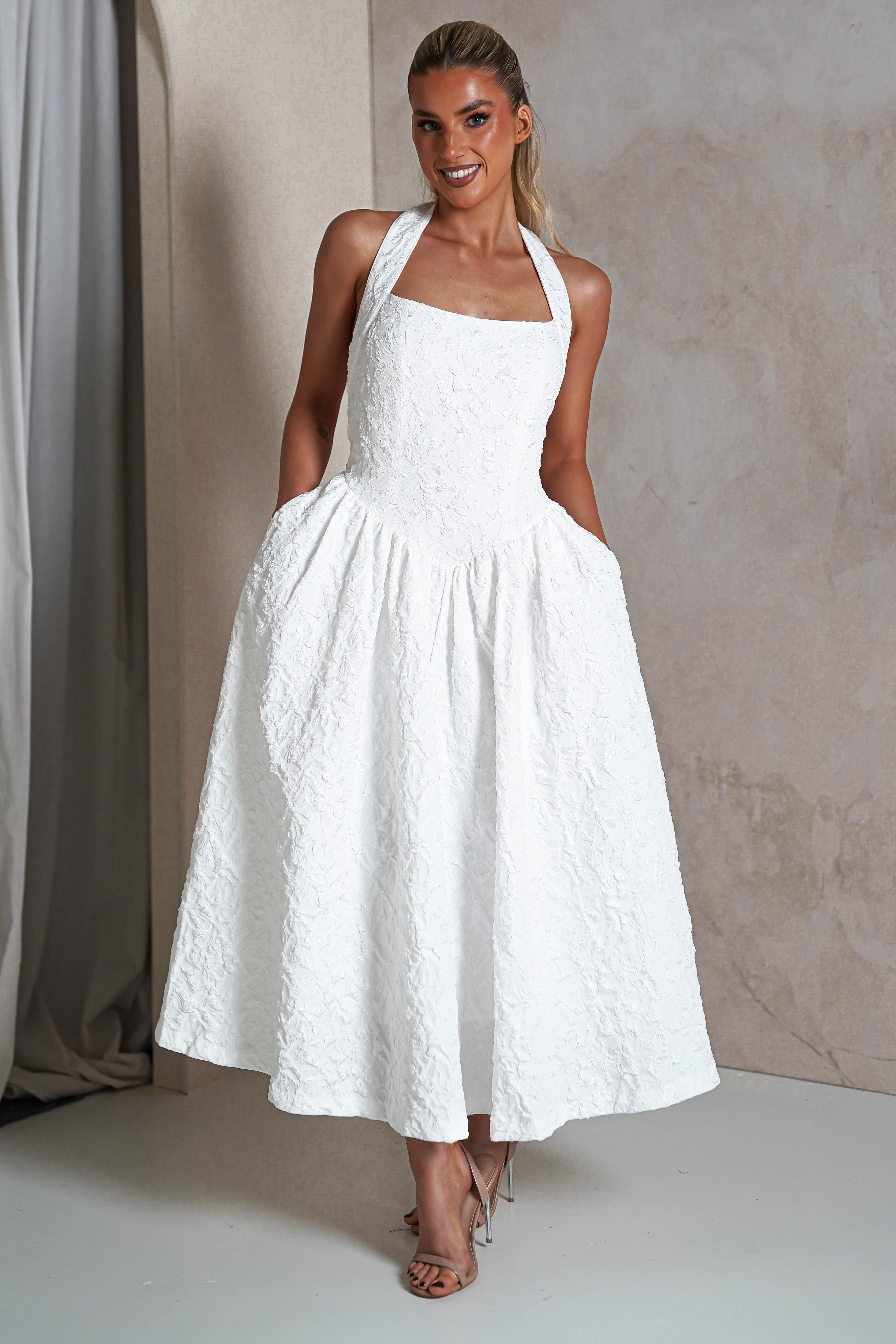 Margot Textured Midaxi Dress | White | Graduation | Bride To Be Hen Dress | Oh Hello Clothing
