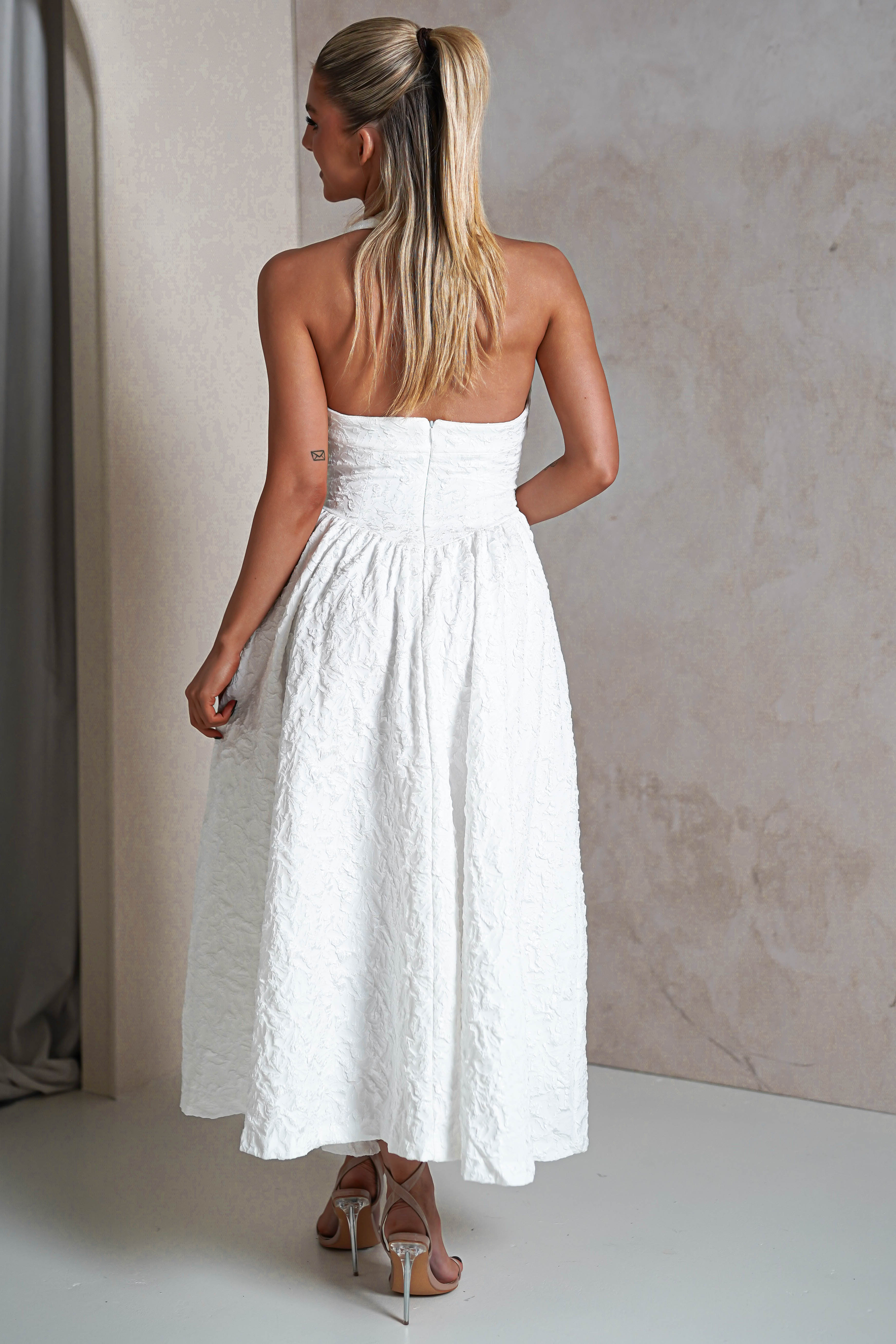 Margot Textured Midaxi Dress | White | Graduation | Bride To Be Hen Dress | Oh Hello Clothing
