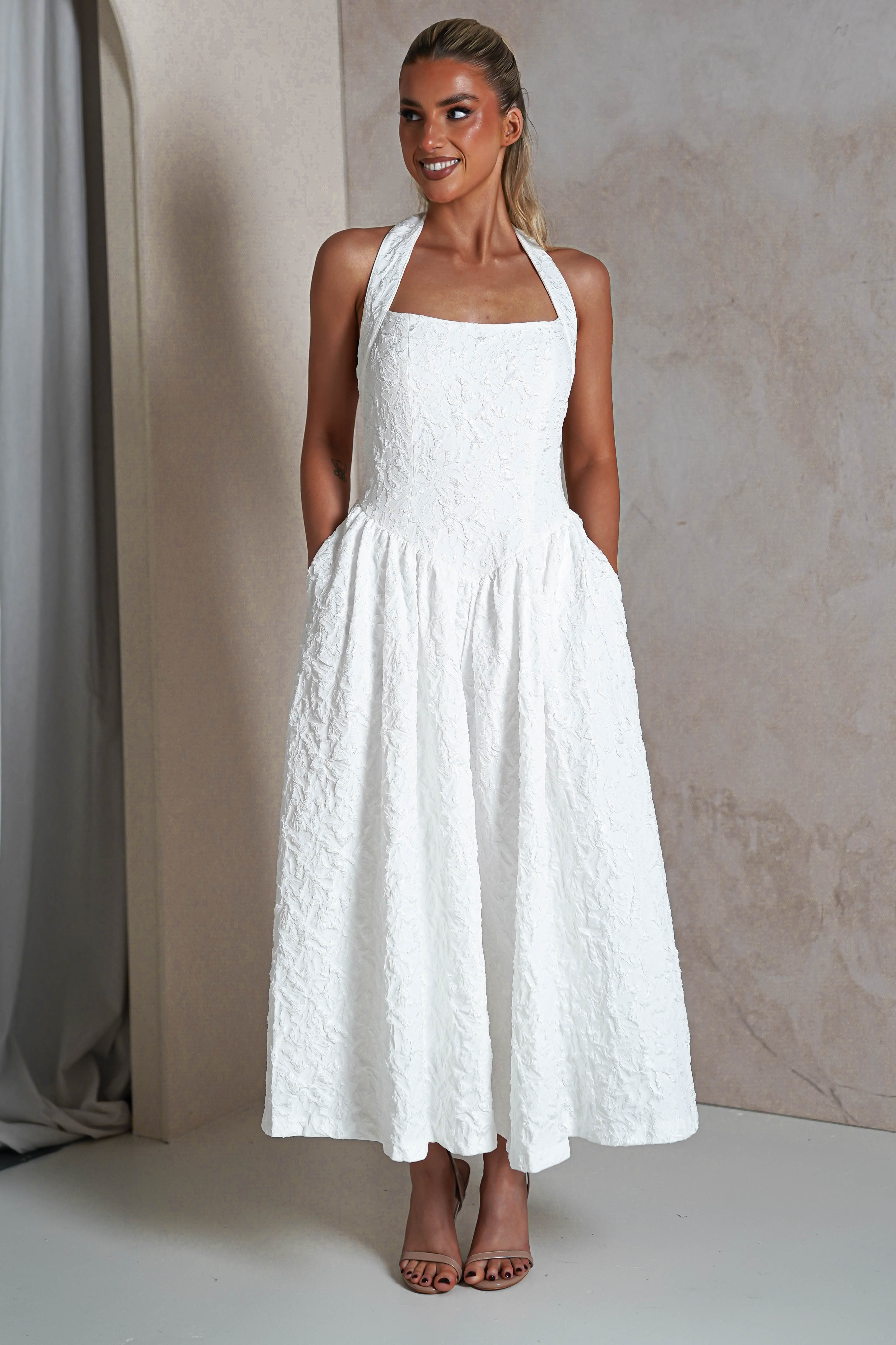 Margot Textured Midaxi Dress | White | Graduation | Bride To Be Hen Dress | Oh Hello Clothing