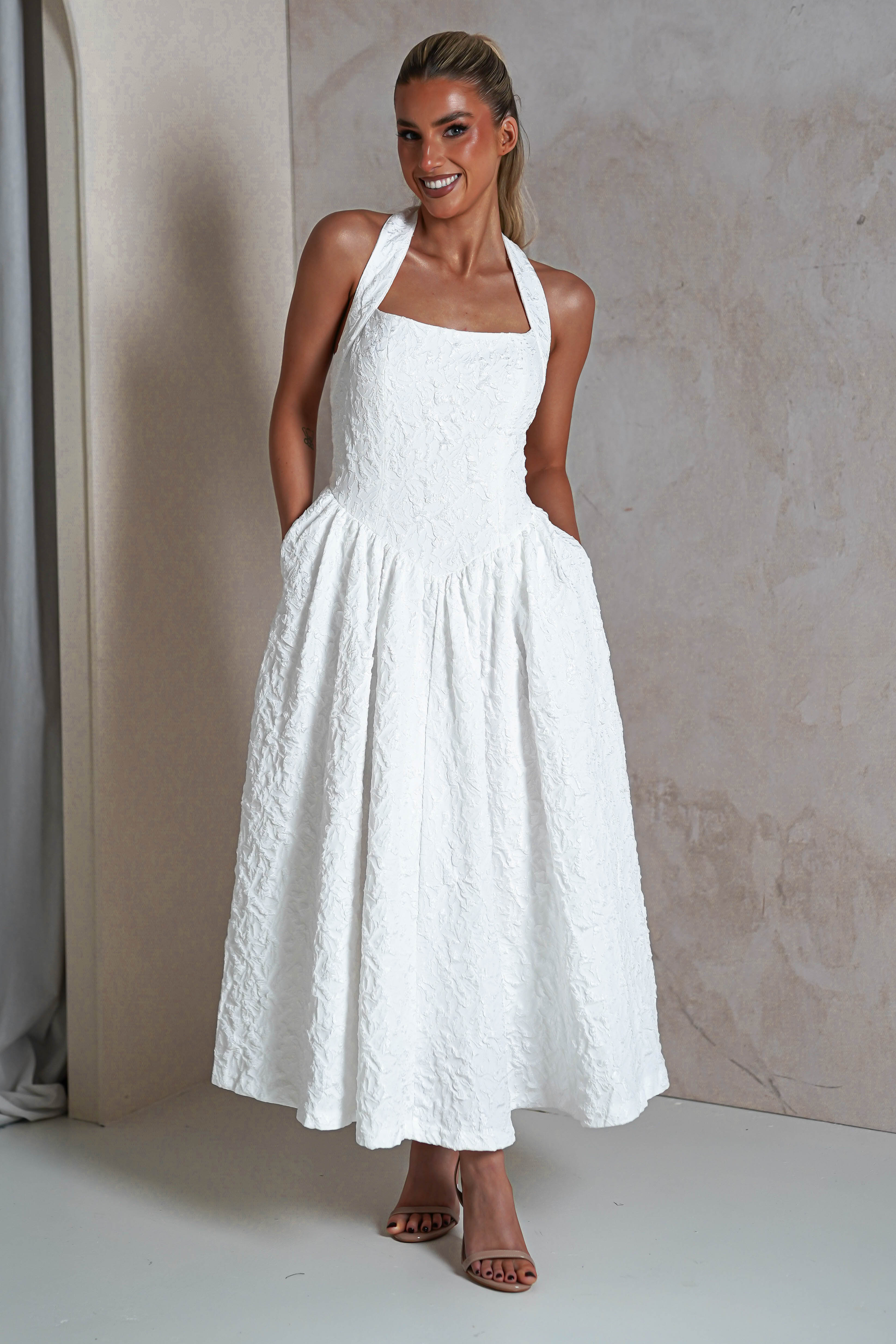 Margot Textured Midaxi Dress | White | Graduation | Bride To Be Hen Dress | Oh Hello Clothing