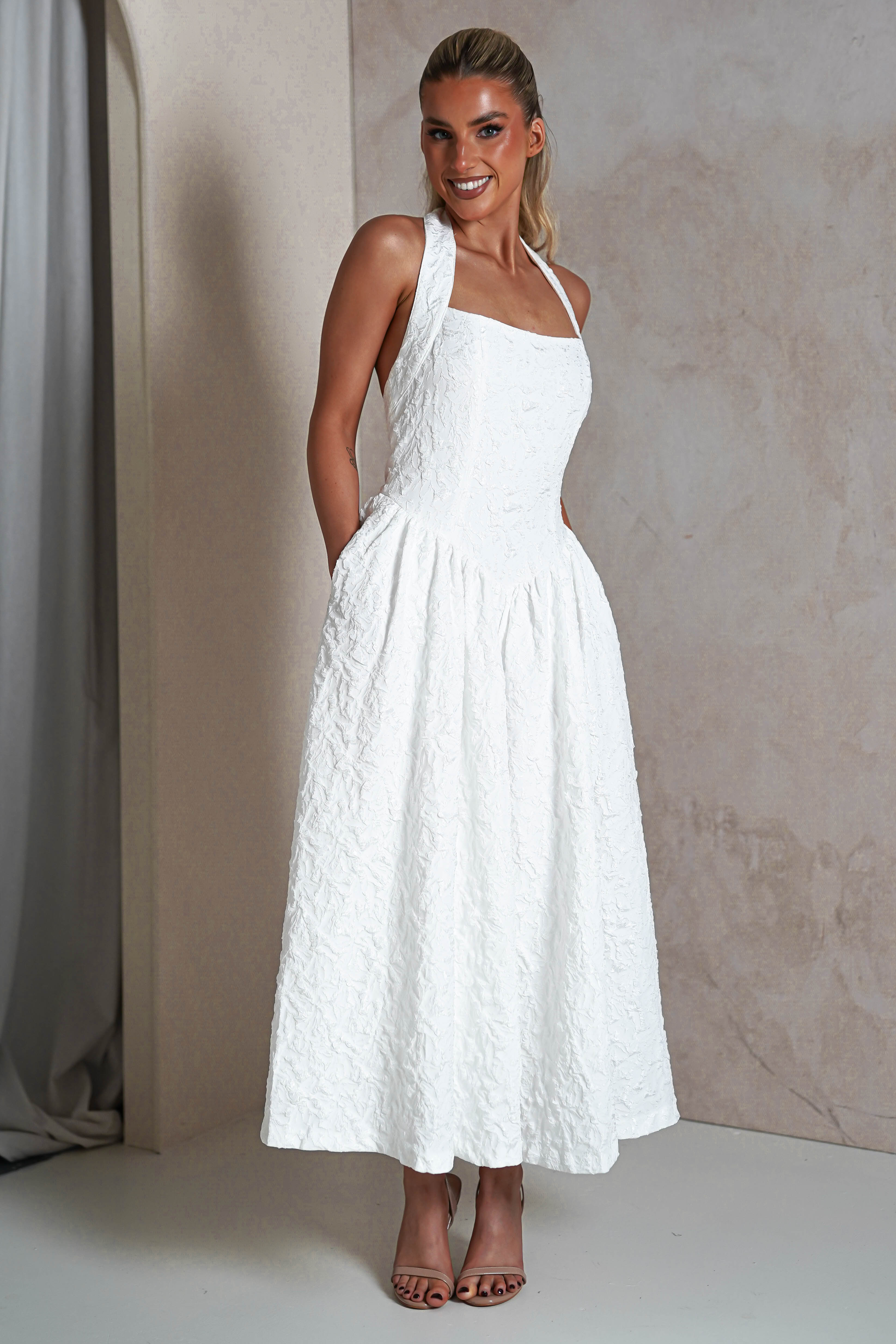 Margot Textured Midaxi Dress | White | Graduation | Bride To Be Hen Dress | Oh Hello Clothing