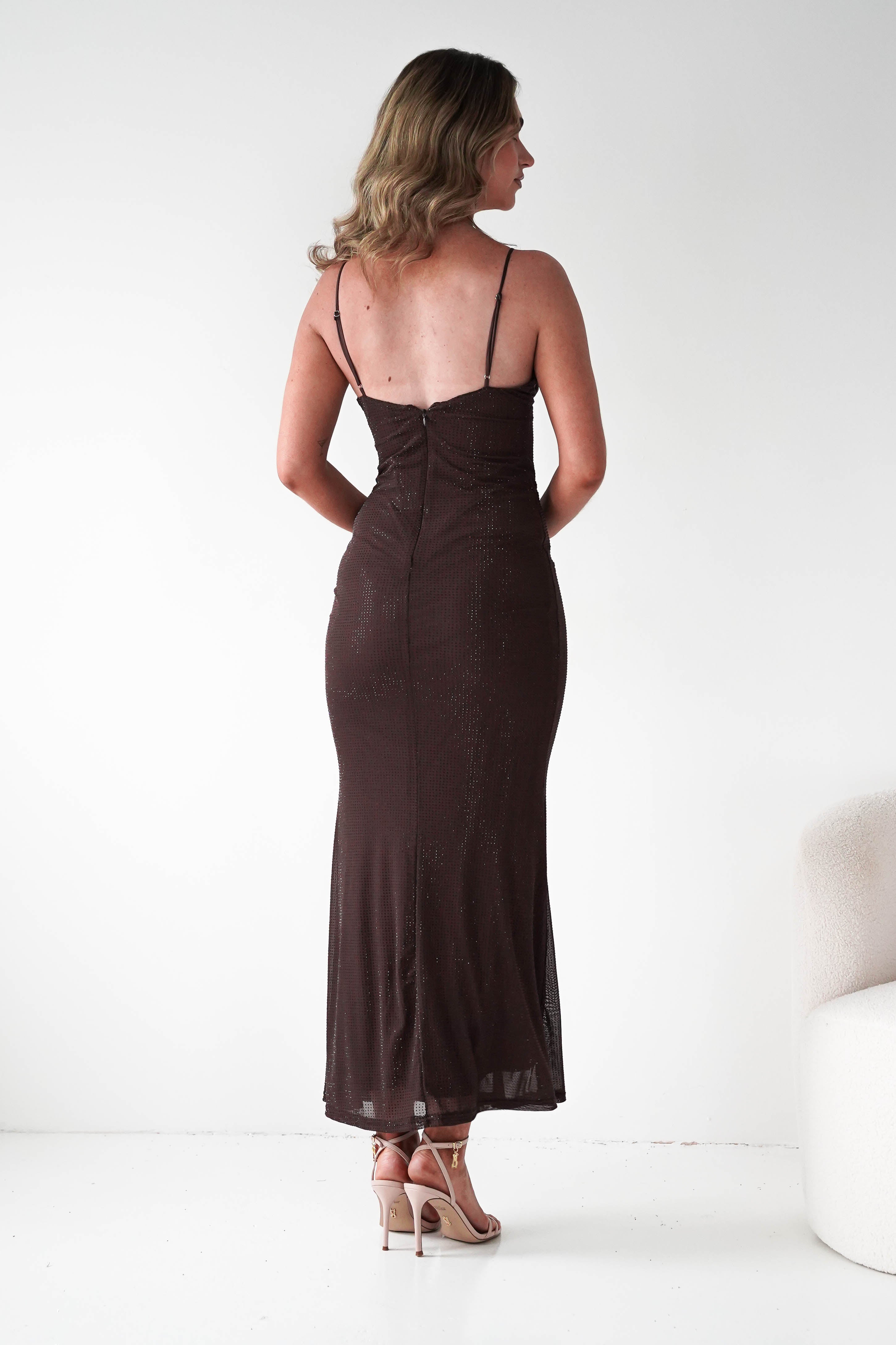 Oh Hello Clothing Dresses 1*DONE - VERA & LUCY-Shimmer Mesh brown V-Neck Maxi Dress (Copy)