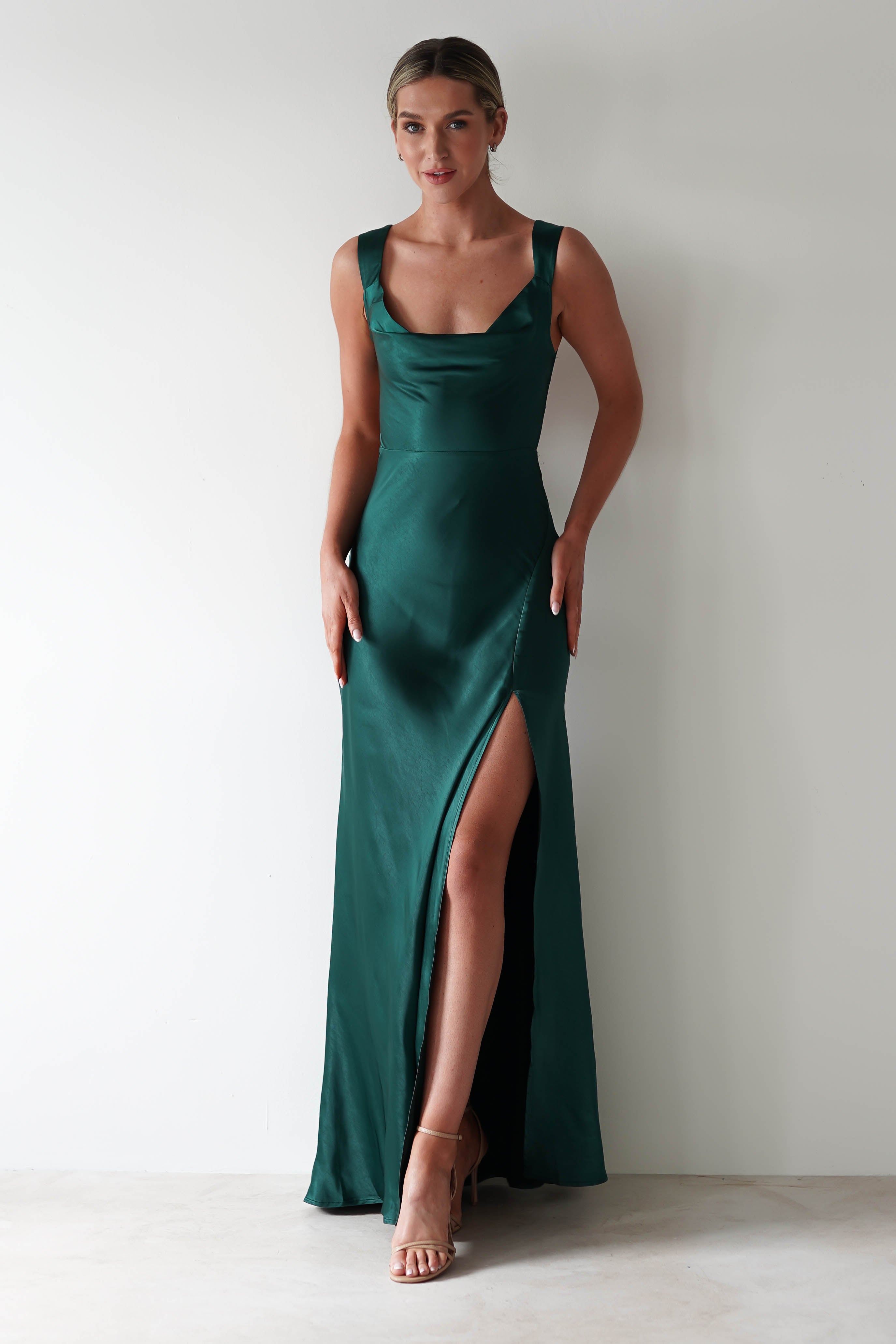 Riviera Soft Satin Maxi Gown | Forest Green | Debs & Prom | Formal Gown | Oh Hello Clothing