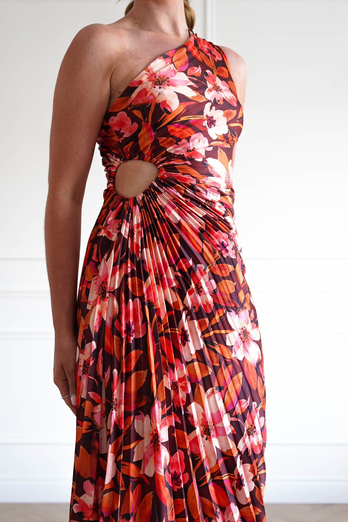 1*DONE -DRESS FORUM-FD10589-ROOIBOSFLORAL- One Shoulder Pleated Floral Midi Dress-Oh Hello Clothing