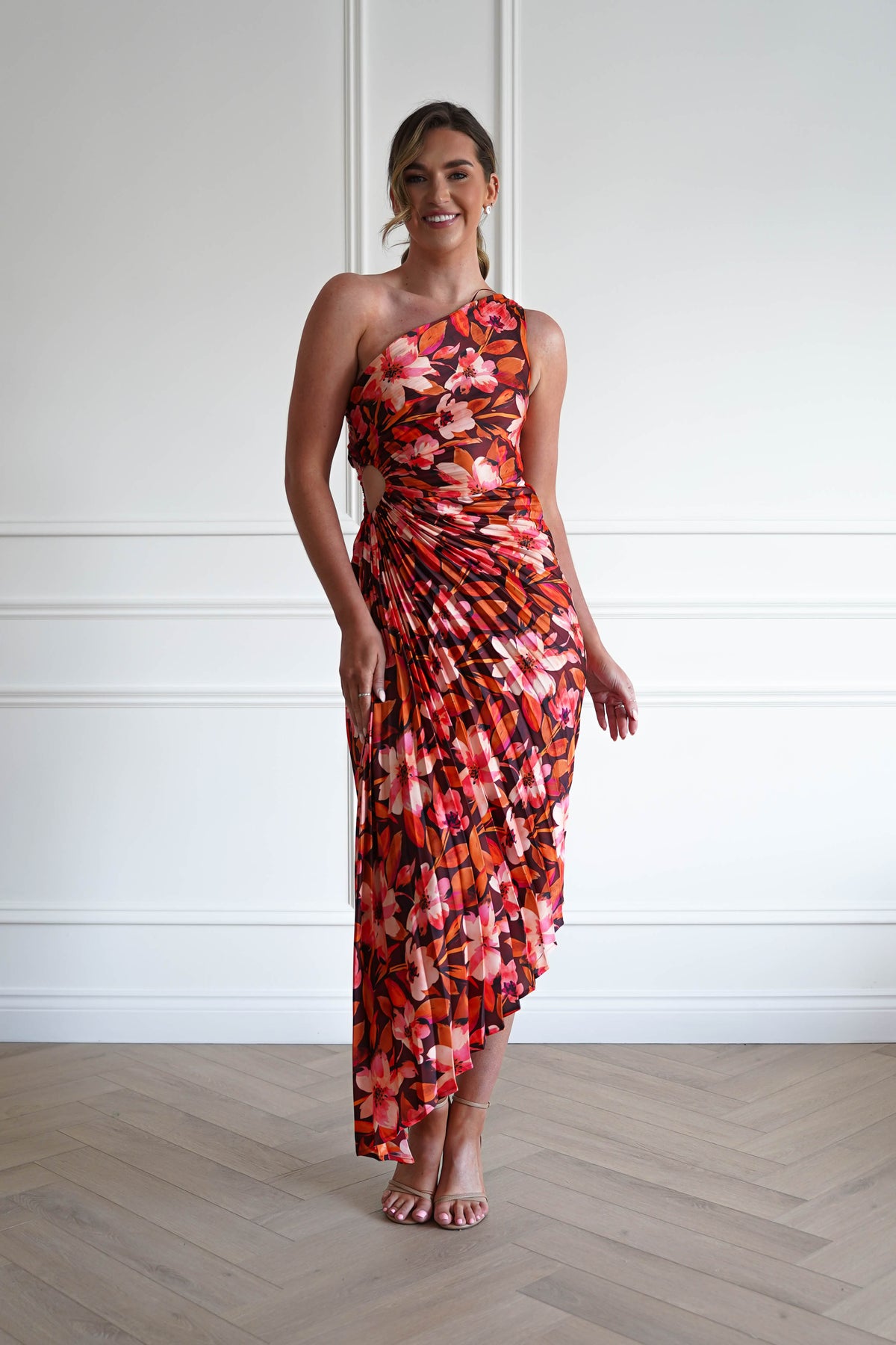 1*DONE -DRESS FORUM-FD10589-ROOIBOSFLORAL- One Shoulder Pleated Floral Midi Dress-Oh Hello Clothing