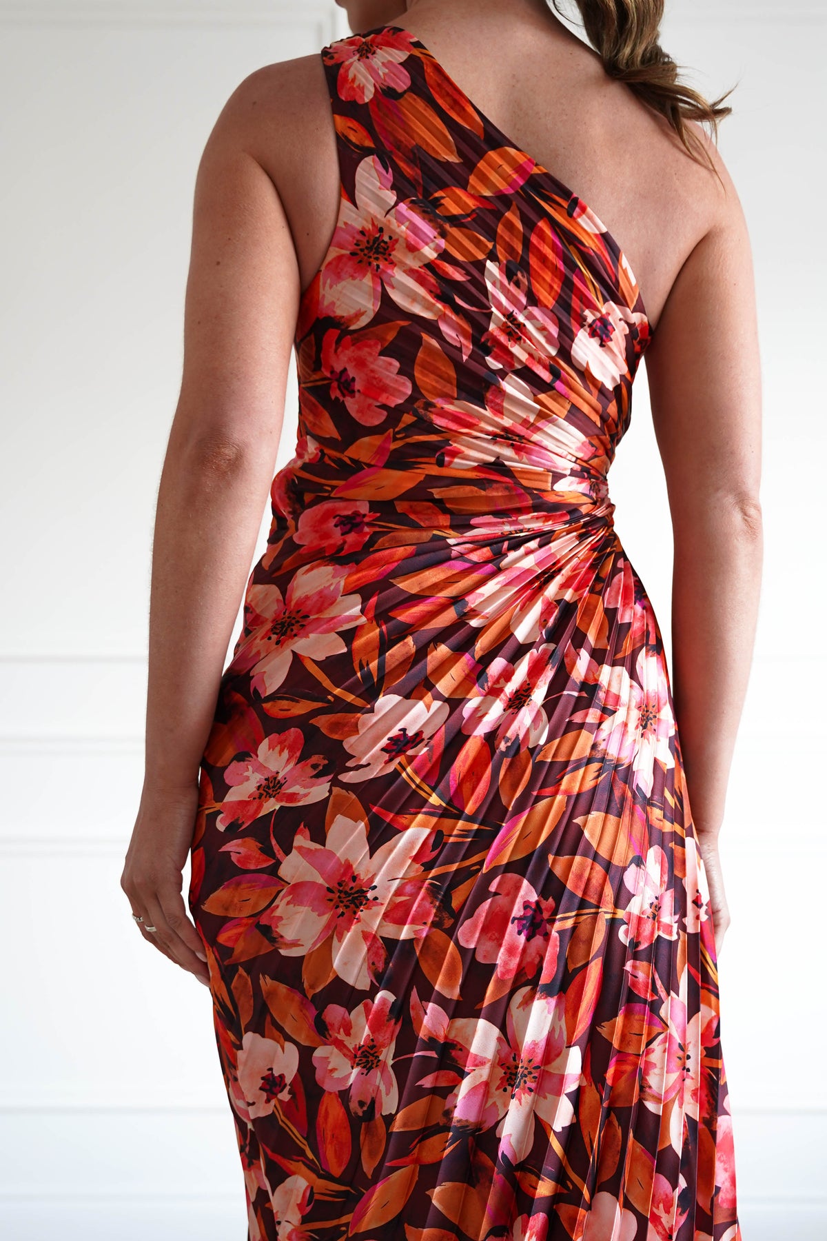 1*DONE -DRESS FORUM-FD10589-ROOIBOSFLORAL- One Shoulder Pleated Floral Midi Dress-Oh Hello Clothing