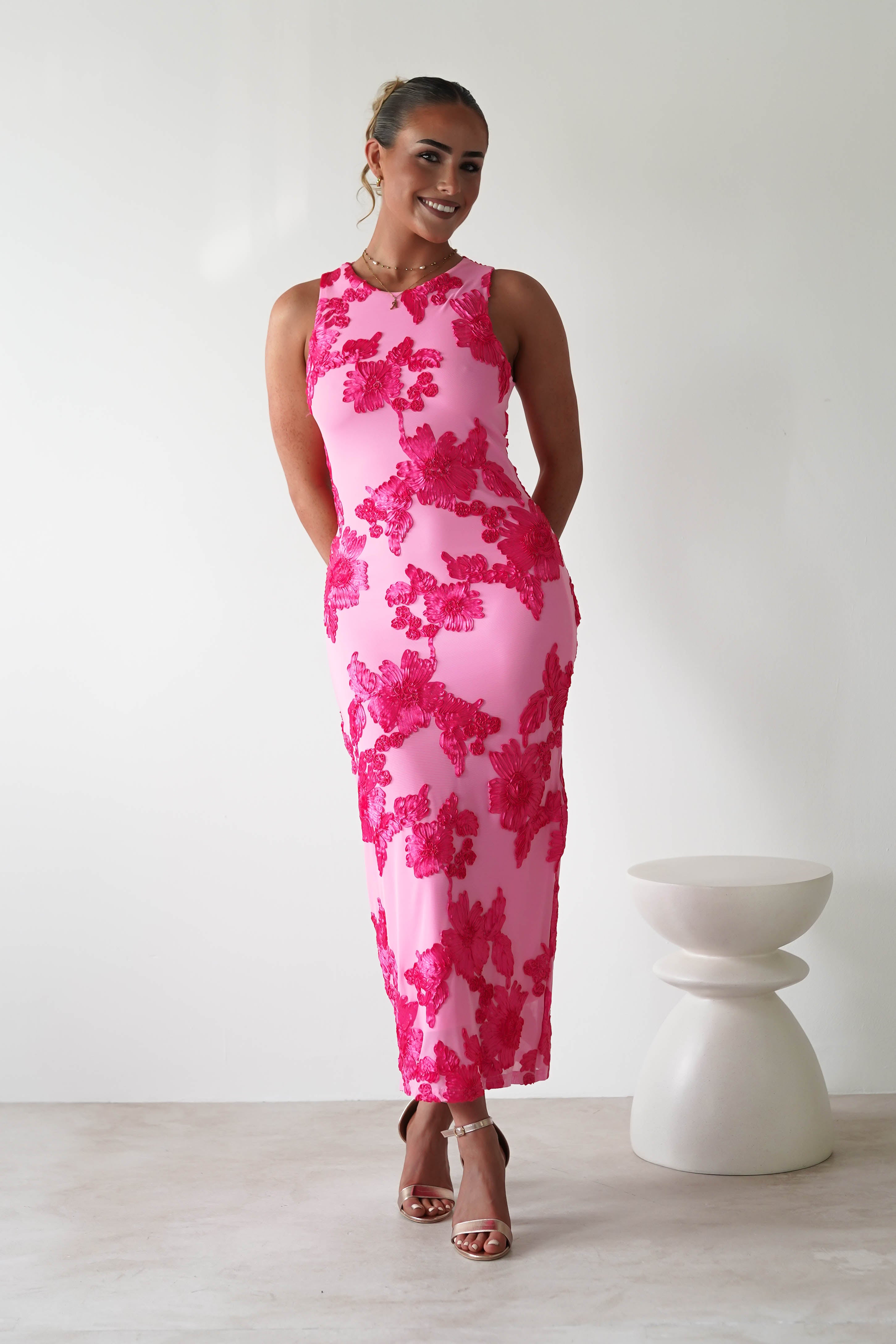 Eliana Bodycon Midi Dress Pink Textured | Wedding Guest Dress | Bodycon | Midi | Oh Hello Clothing