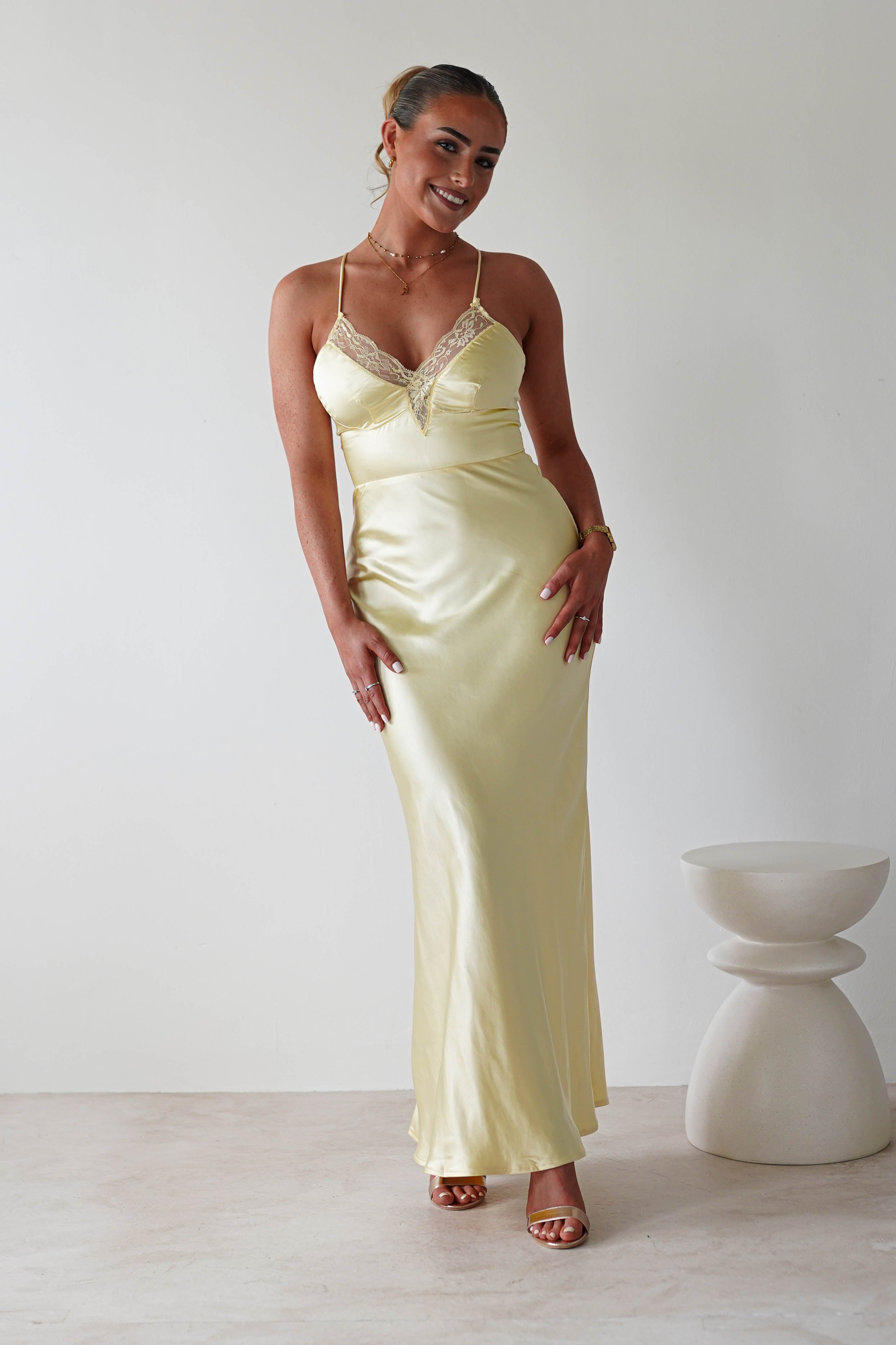 Dawn Soft Satin Maxi Dress Yellow | Wedding Guest Dress | Maxi | Satin | Oh Hello Clothing