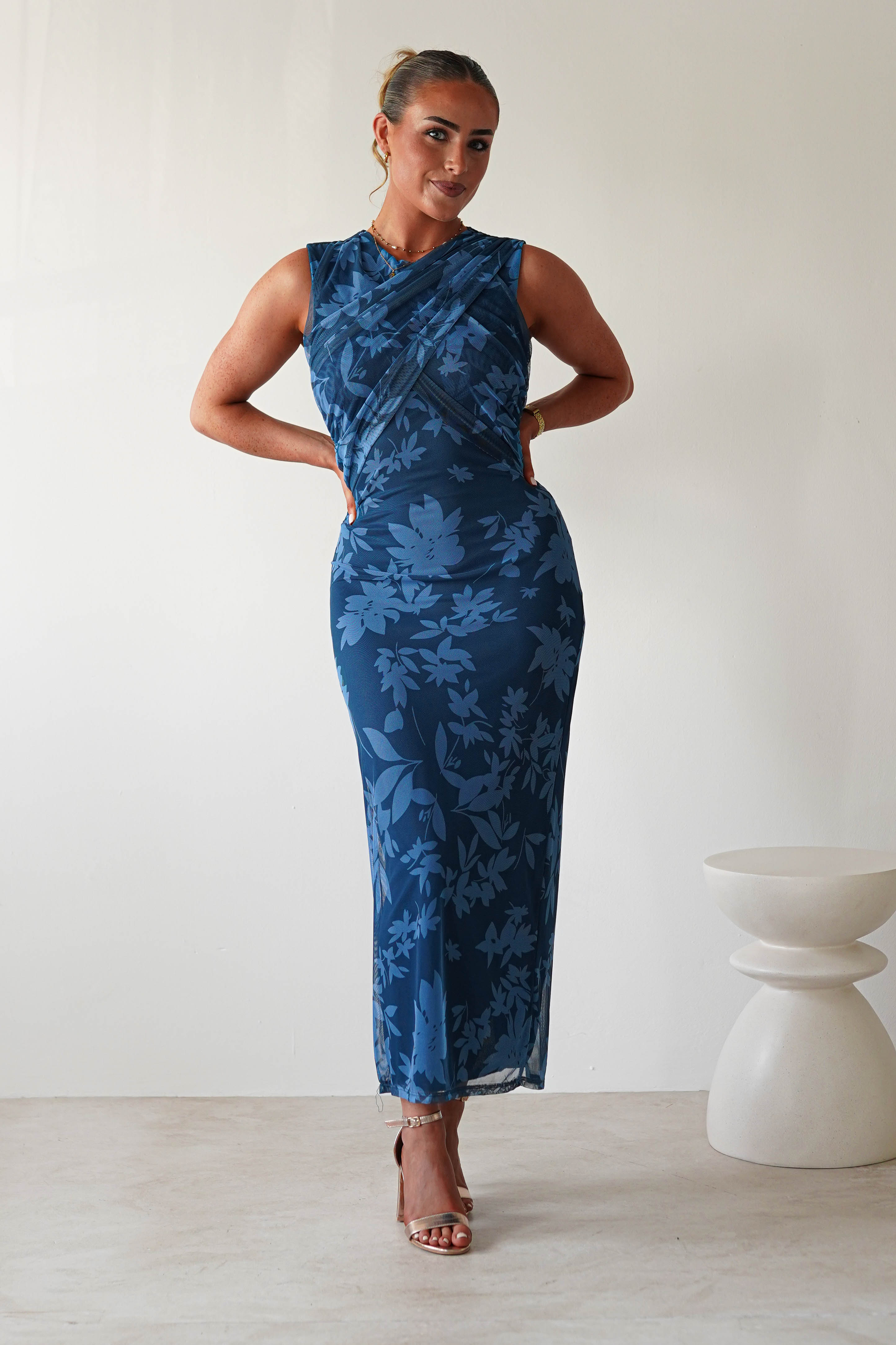 Meadow Floral Mesh Midi Dress Blue | Wedding Guest Dress | Midi | Mesh | Oh Hello Clothing