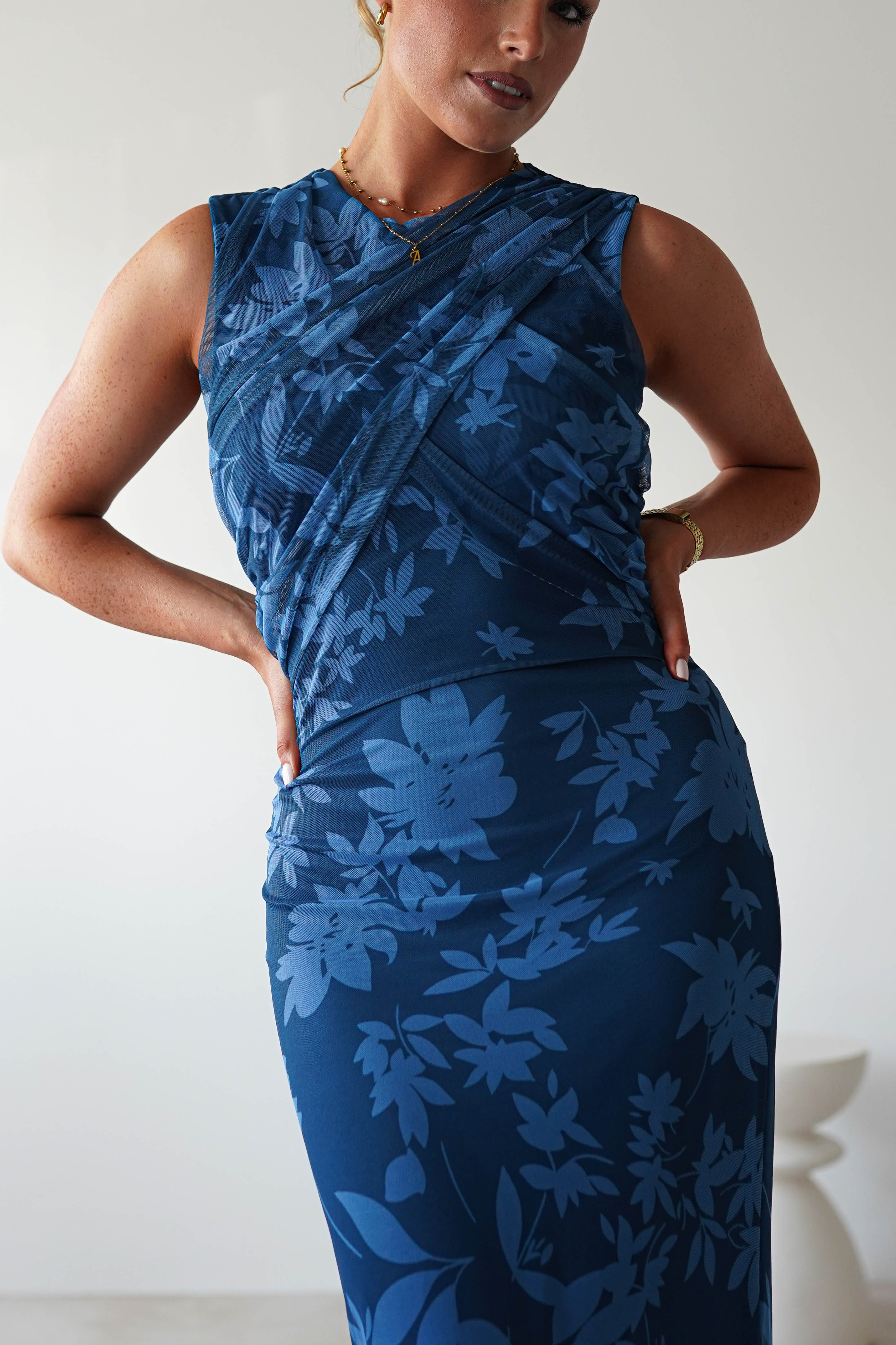 Meadow Floral Mesh Midi Dress Blue | Wedding Guest Dress | Midi | Mesh | Oh Hello Clothing