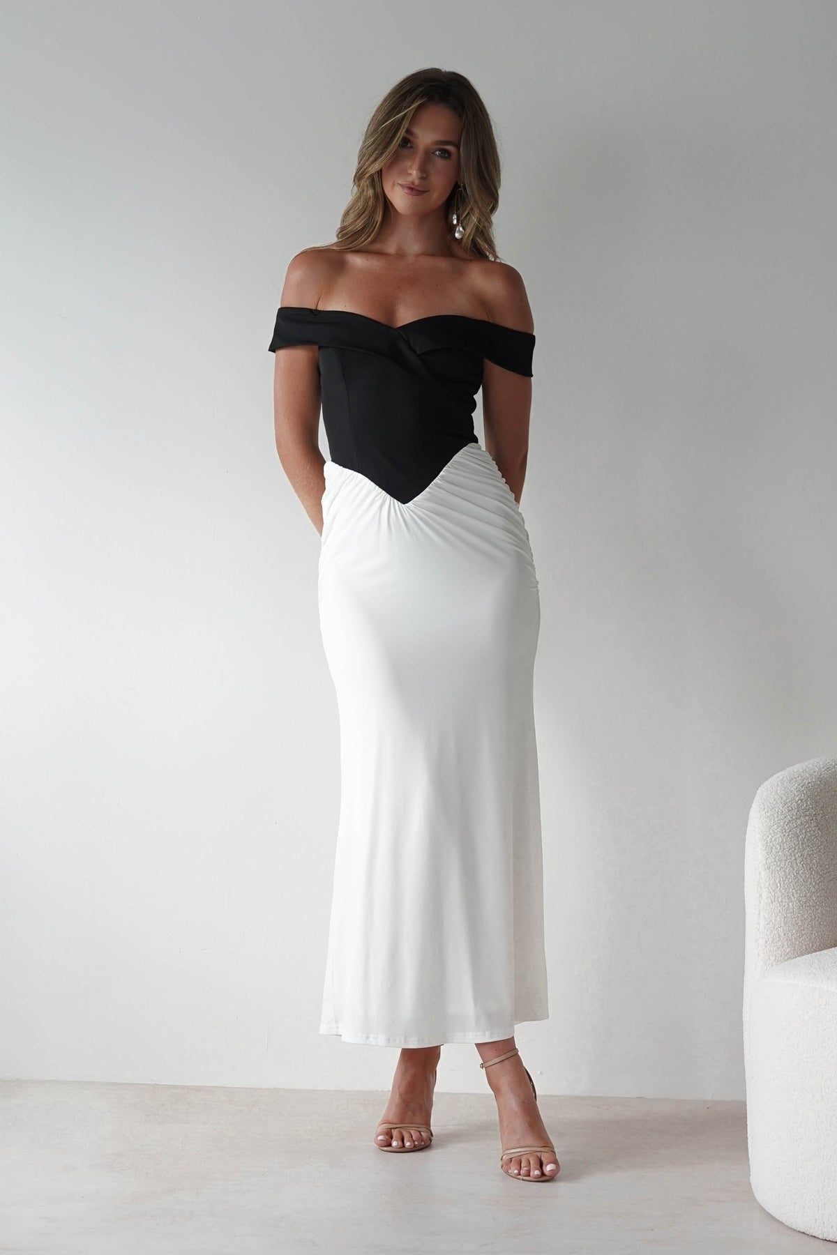 Abellina Bodycon Mixi Dress | White/Black-Oh Hello Clothing