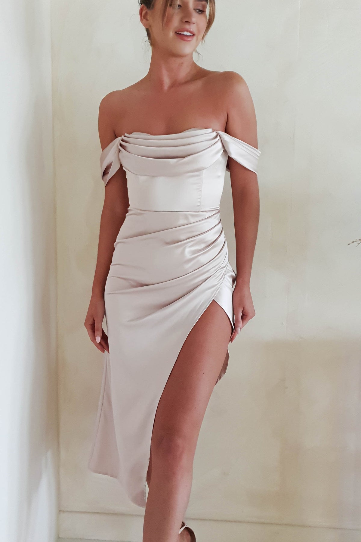 Aby Soft Satin Midi Dress | Champagne-Oh Hello Clothing