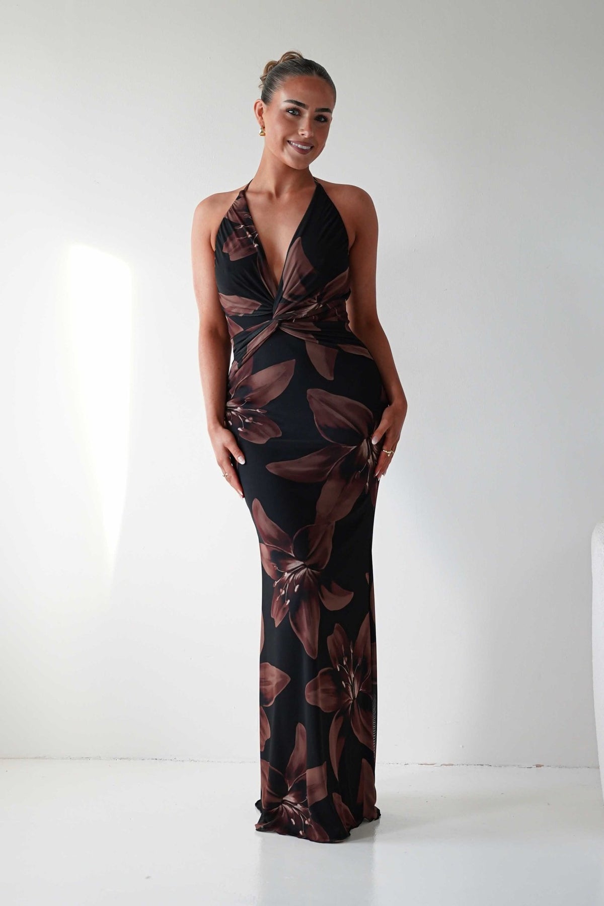 Adilah Halter Neck Floral Maxi Dress | Black/Brown-Oh Hello Clothing