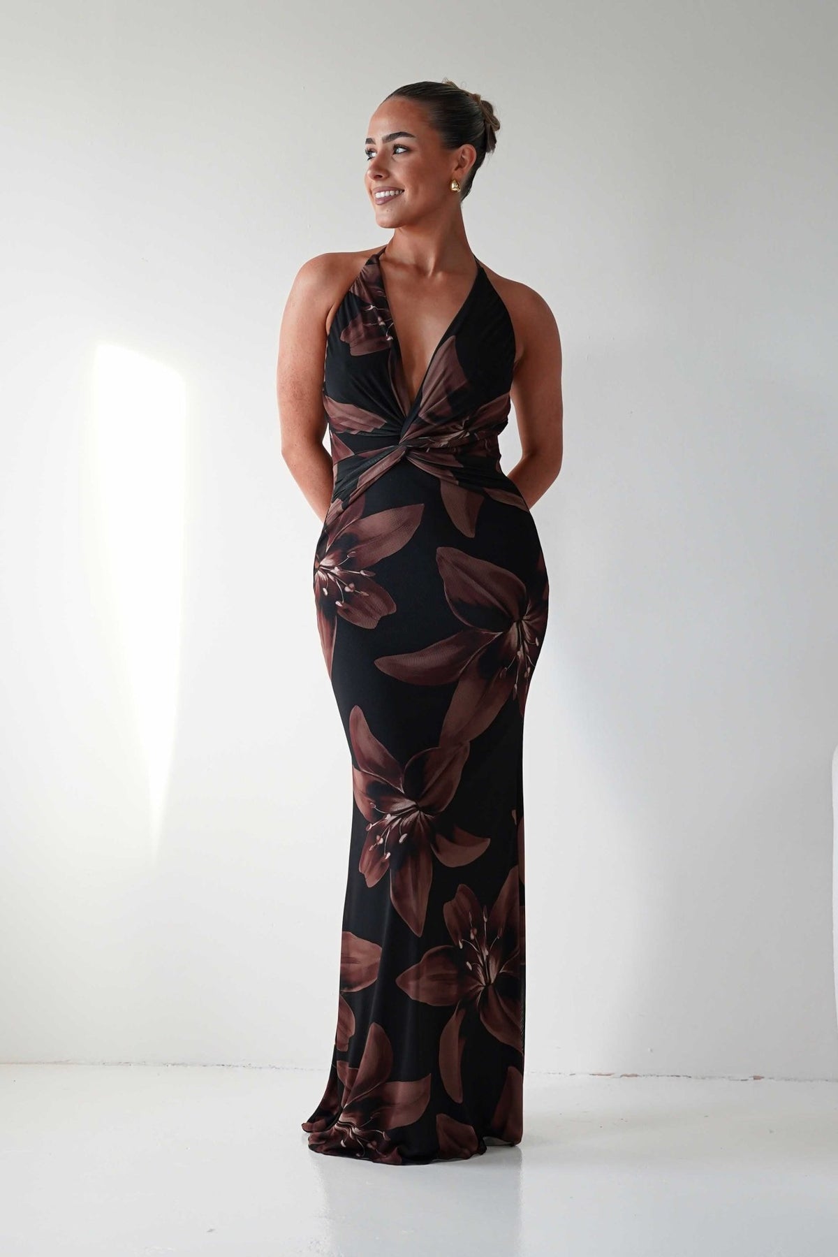 Adilah Halter Neck Floral Maxi Dress | Black/Brown-Oh Hello Clothing