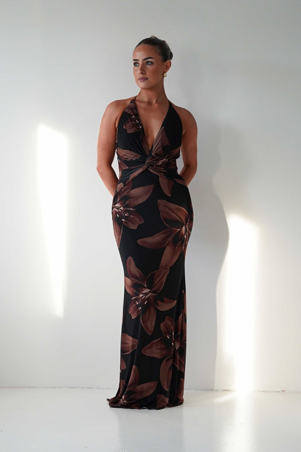 Adilah Halter Neck Floral Maxi Dress | Black/Brown-Oh Hello Clothing