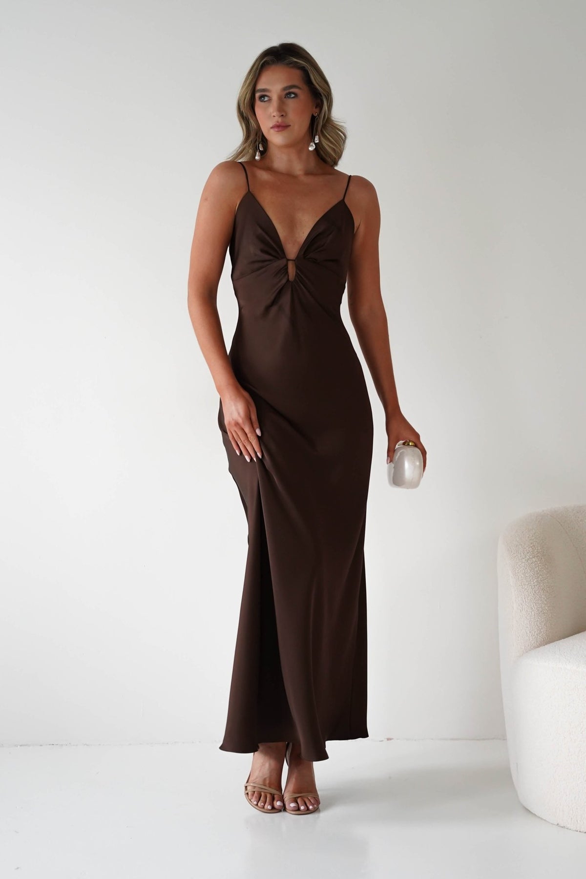 Adley Soft Satin Maxi Dress | Brown-Oh Hello Clothing