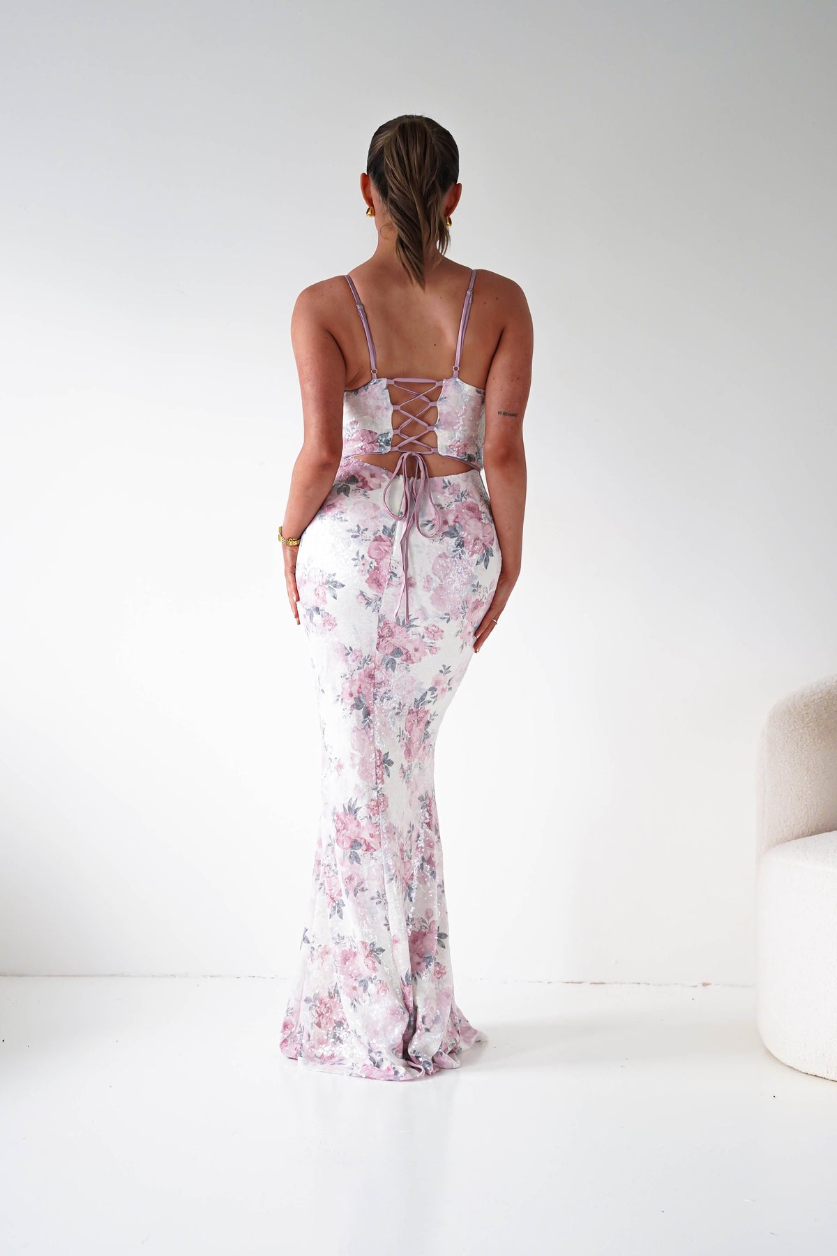 Anessa Floral Sequin Corset Maxi Dress | Beige/Pink-Oh Hello Clothing