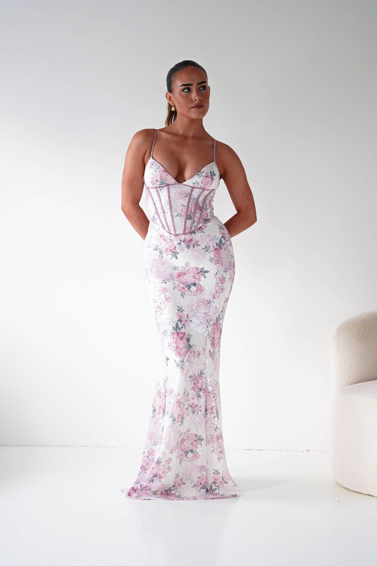 Anessa Floral Sequin Corset Maxi Dress | Beige/Pink-Oh Hello Clothing