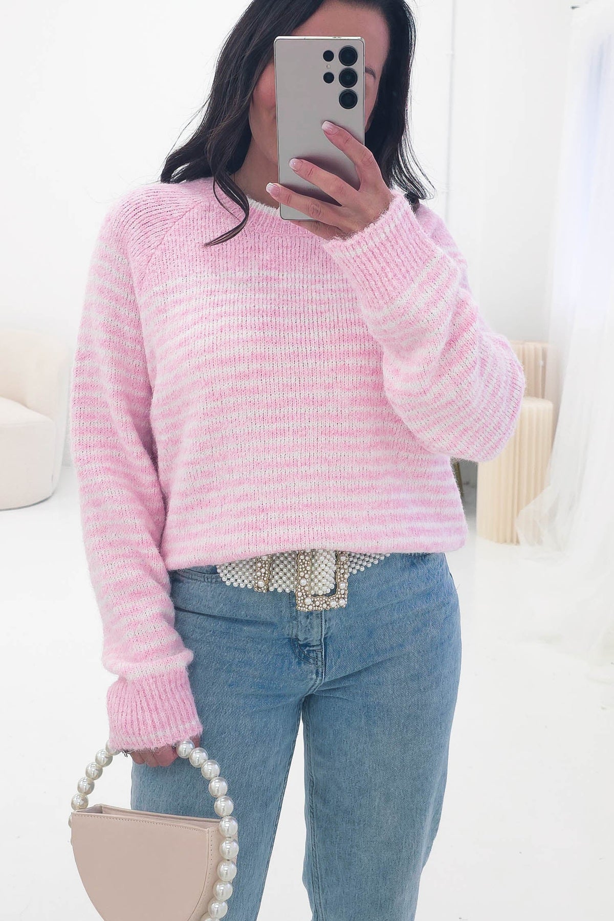 Aria Striped Cosy Knit Jumper | Pink-Oh Hello Clothing