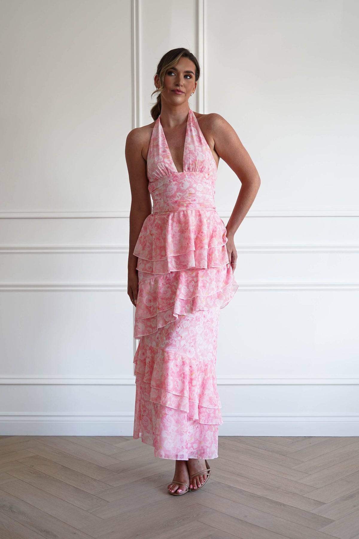 Aryanna Tiered Halter Maxi Dress | Pink Print-Oh Hello Clothing