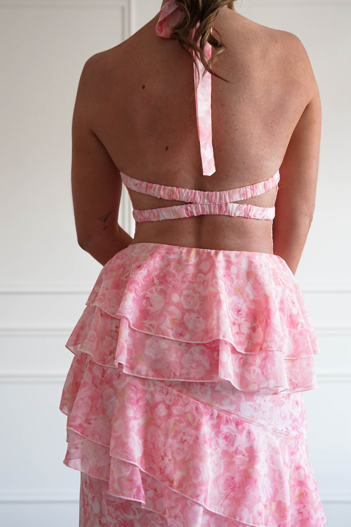Aryanna Tiered Halter Maxi Dress | Pink Print-Oh Hello Clothing
