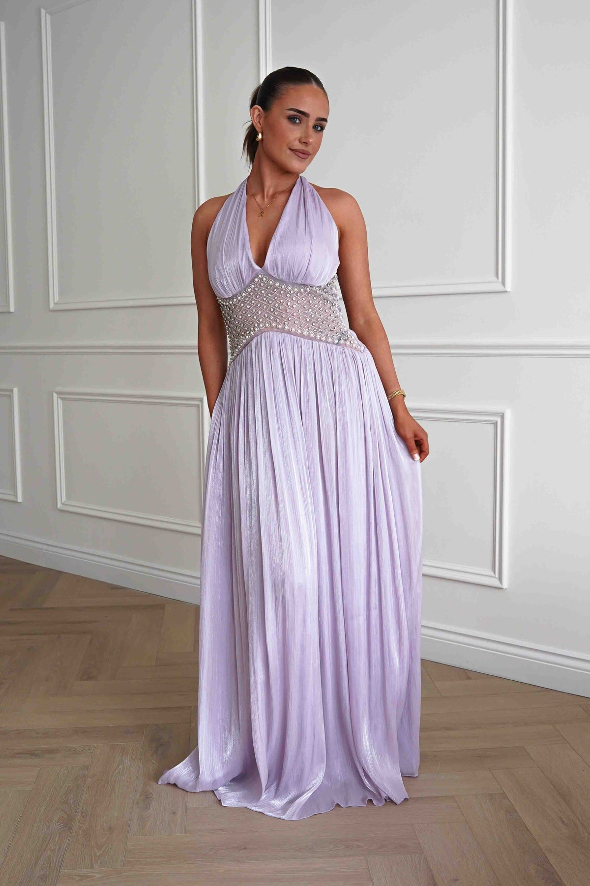 Aveline Luminescent Pleated Maxi Dress | Lilac-Oh Hello Clothing