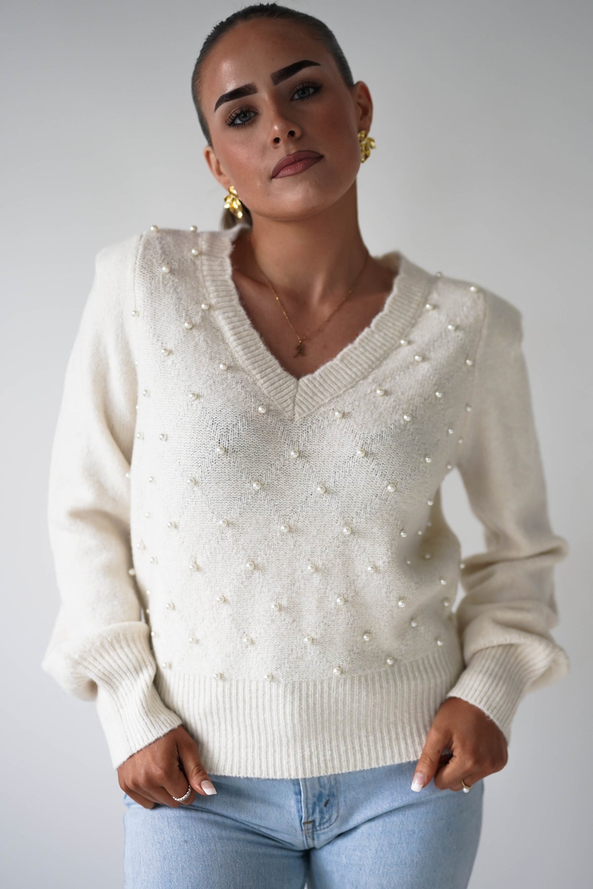 Becci Pearl Detail V-Neck Knit Jumper | Cream-Oh Hello Clothing