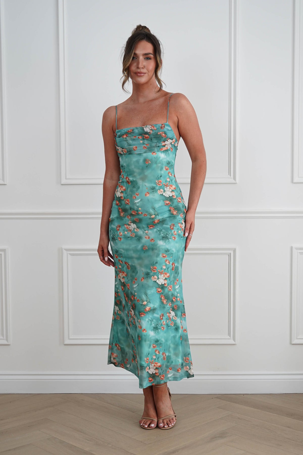 Belara Cowl Neck Slip Printed Midi Dress | Green-Oh Hello Clothing