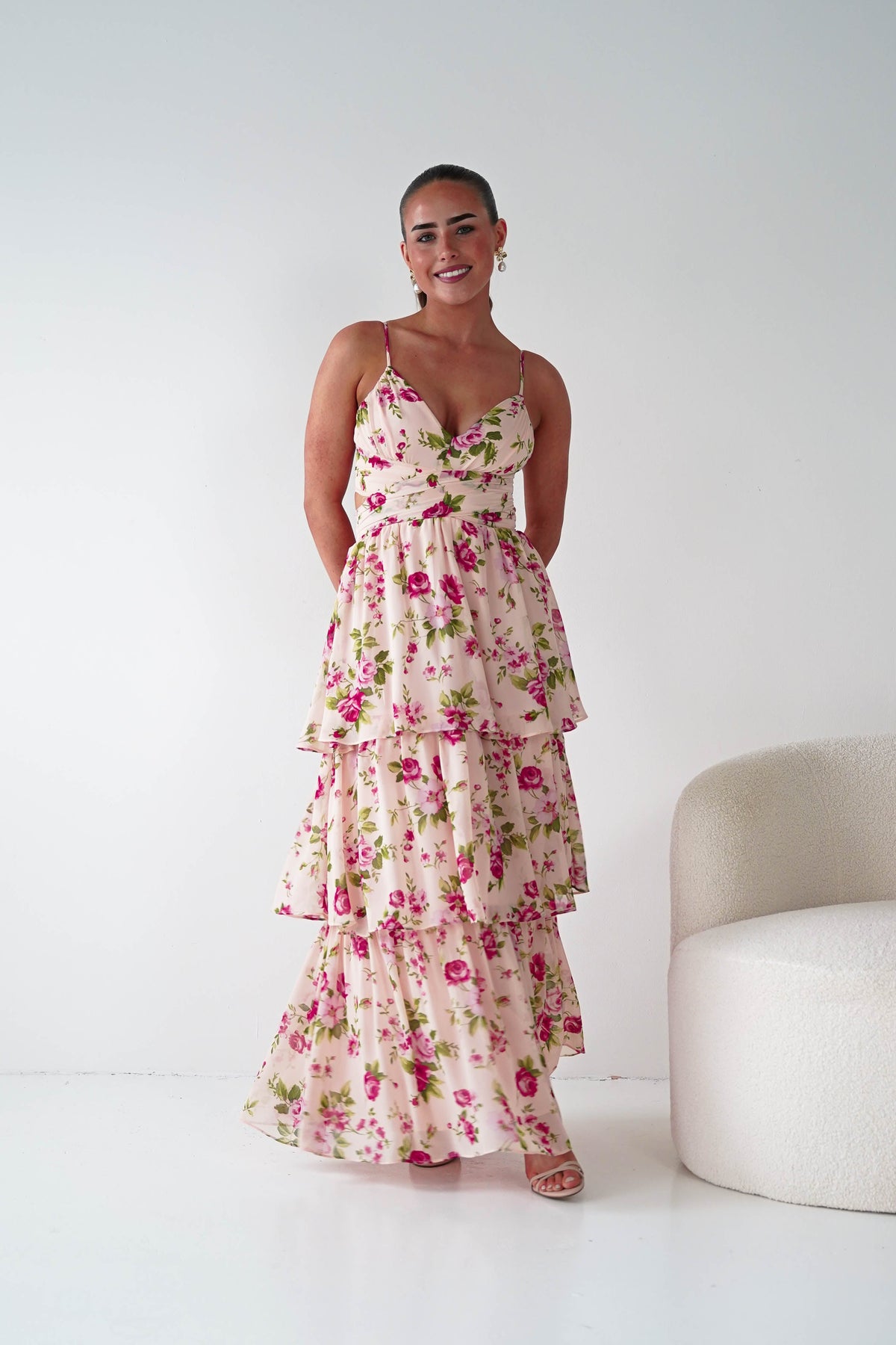 Bella Rose Print Lace-Up Tiered Maxi Dress | Peach-Oh Hello Clothing