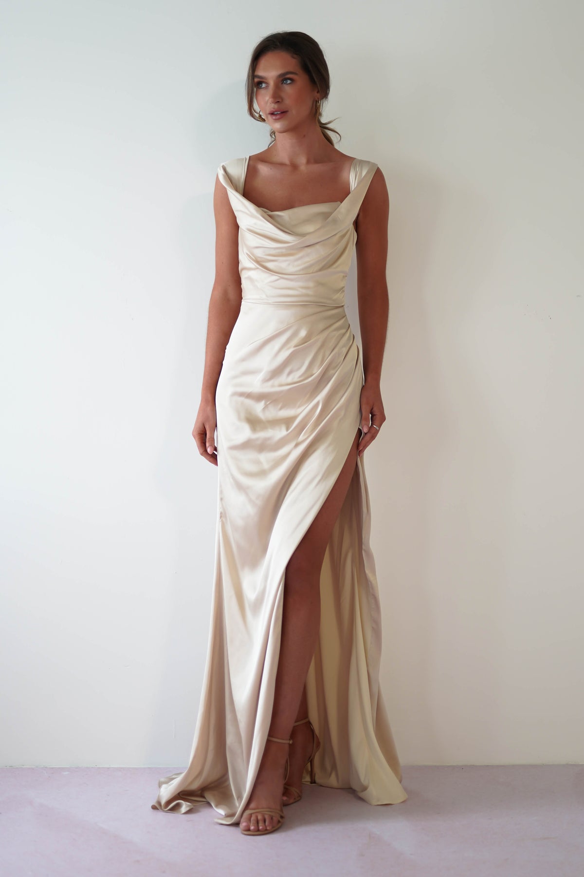 Beth Draped Silky Satin Gown | Champagne-Oh Hello Clothing