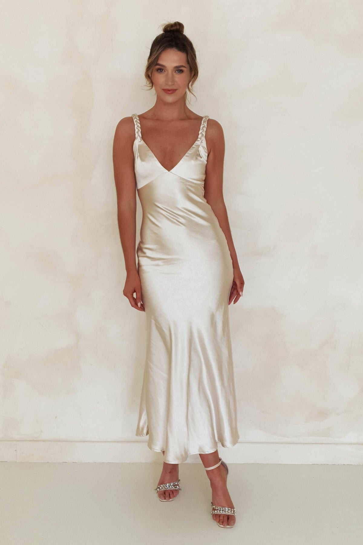 Bethanie Soft Satin Maxi Dress | Champagne-Oh Hello Clothing