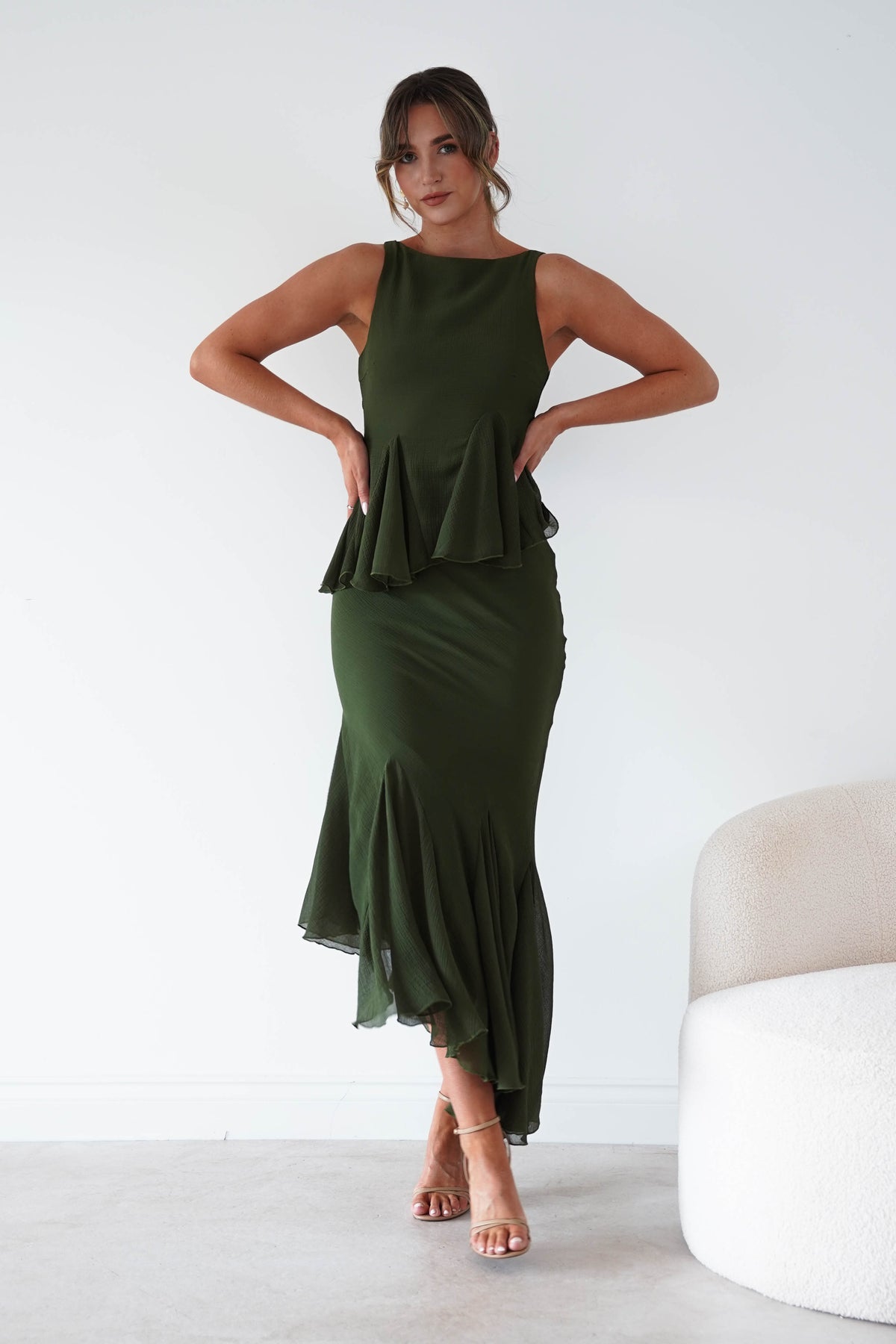 Bianca Peplum Ruffle Midi Dress | Dark Olive-Oh Hello Clothing