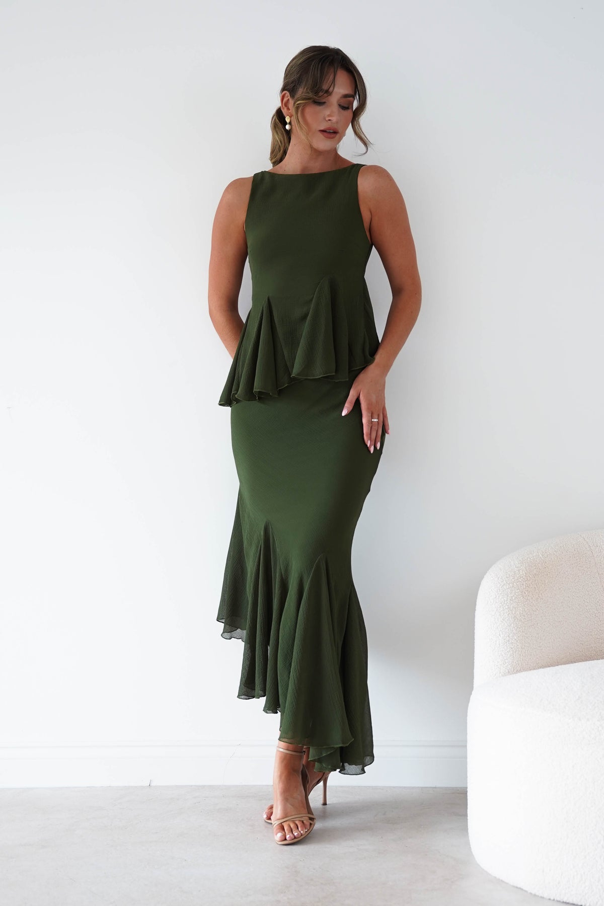 Bianca Peplum Ruffle Midi Dress | Dark Olive-Oh Hello Clothing