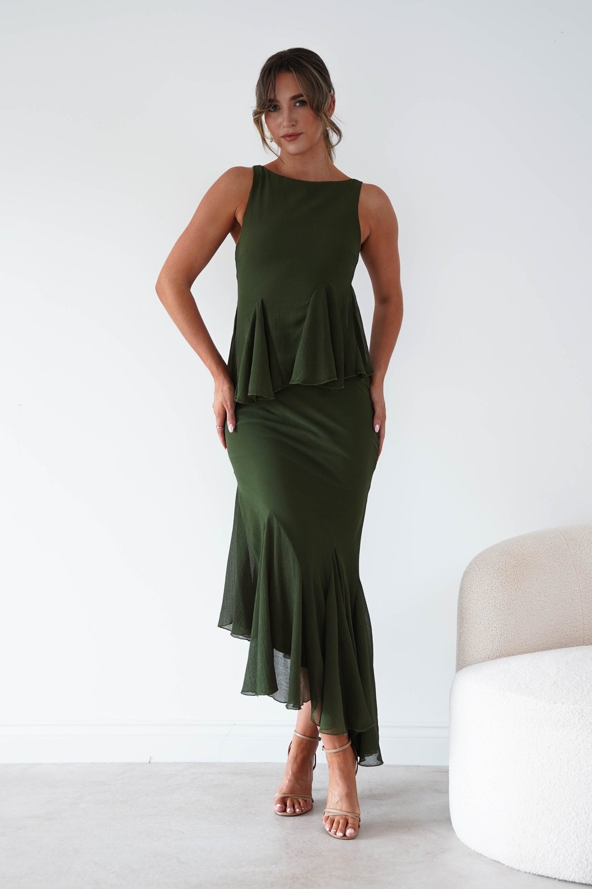 Bianca Peplum Ruffle Midi Dress | Dark Olive-Oh Hello Clothing