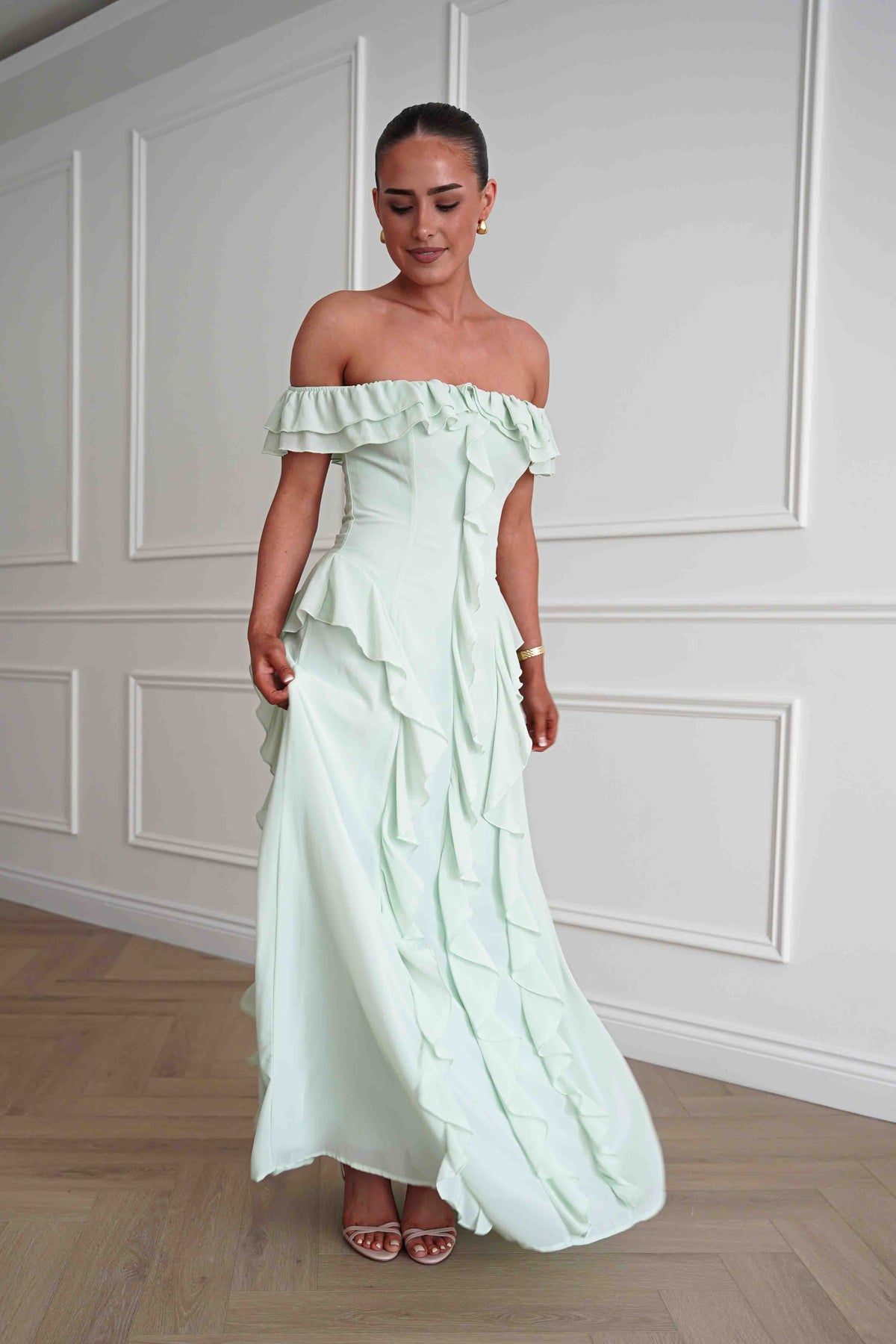 Billy Ruffle Detail Bardot Maxi Dress | Sage Green-Oh Hello Clothing