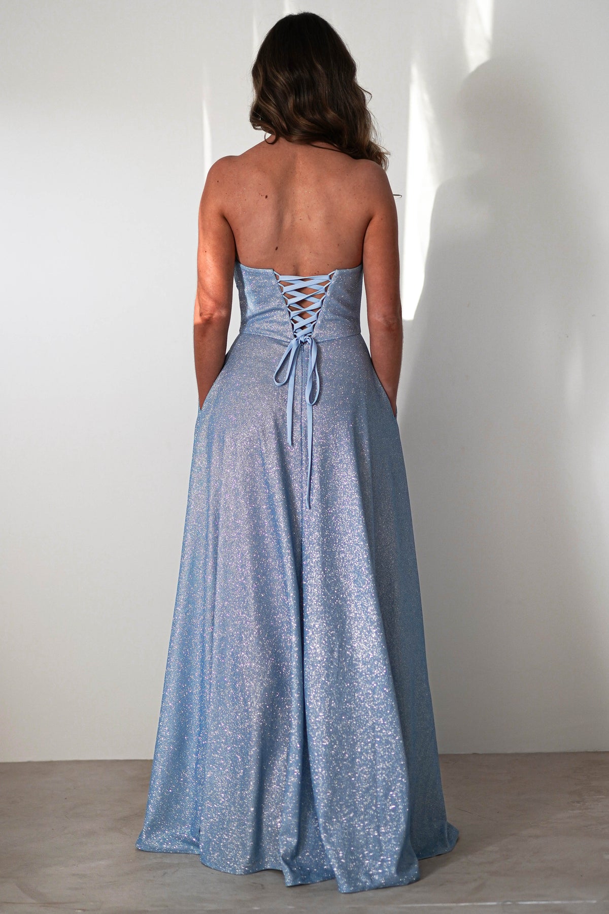Cassia Strapless Glitter Aline Gown | Blue-Oh Hello Clothing