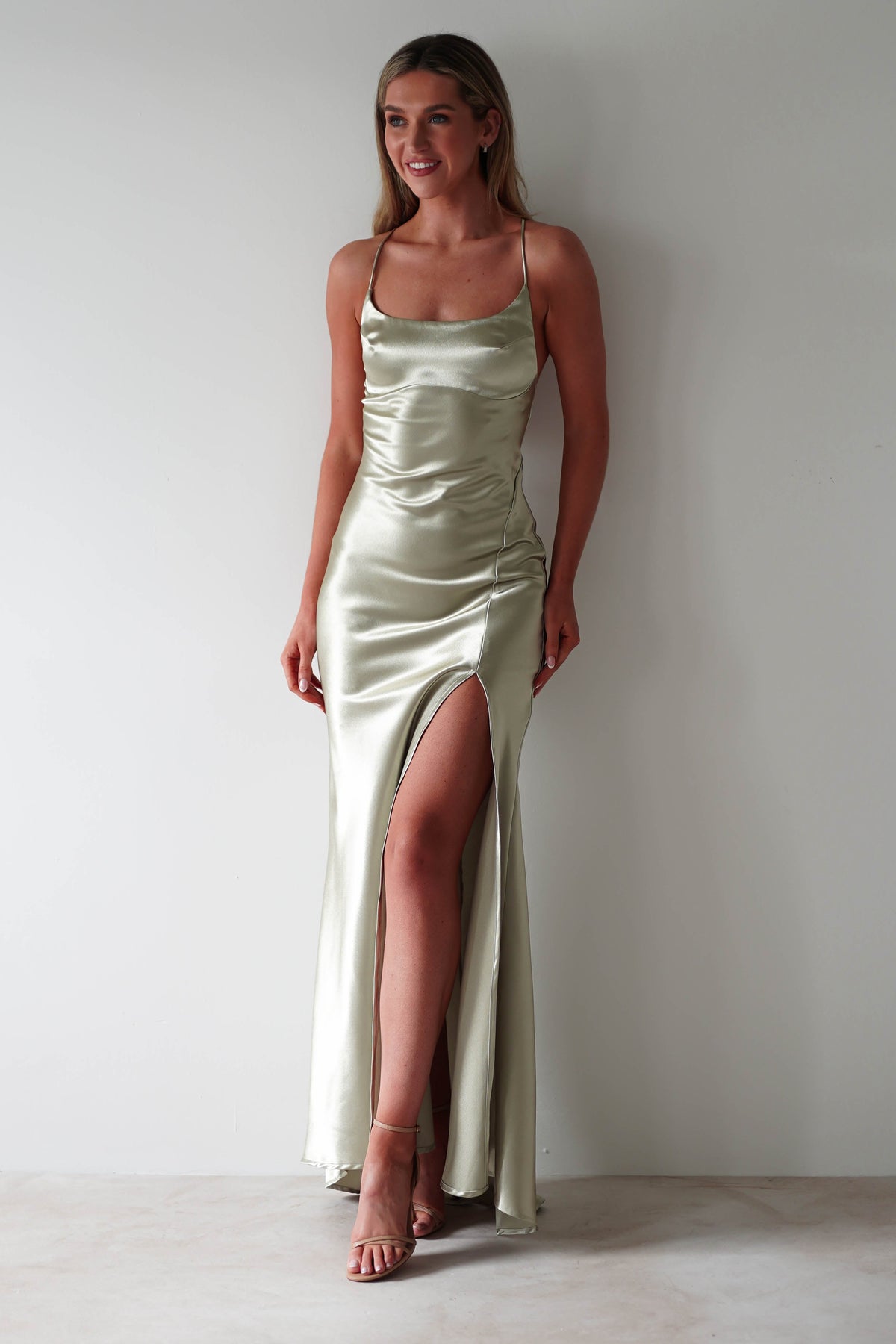 Celinee Satin Maxi Gown | Sage-Oh Hello Clothing