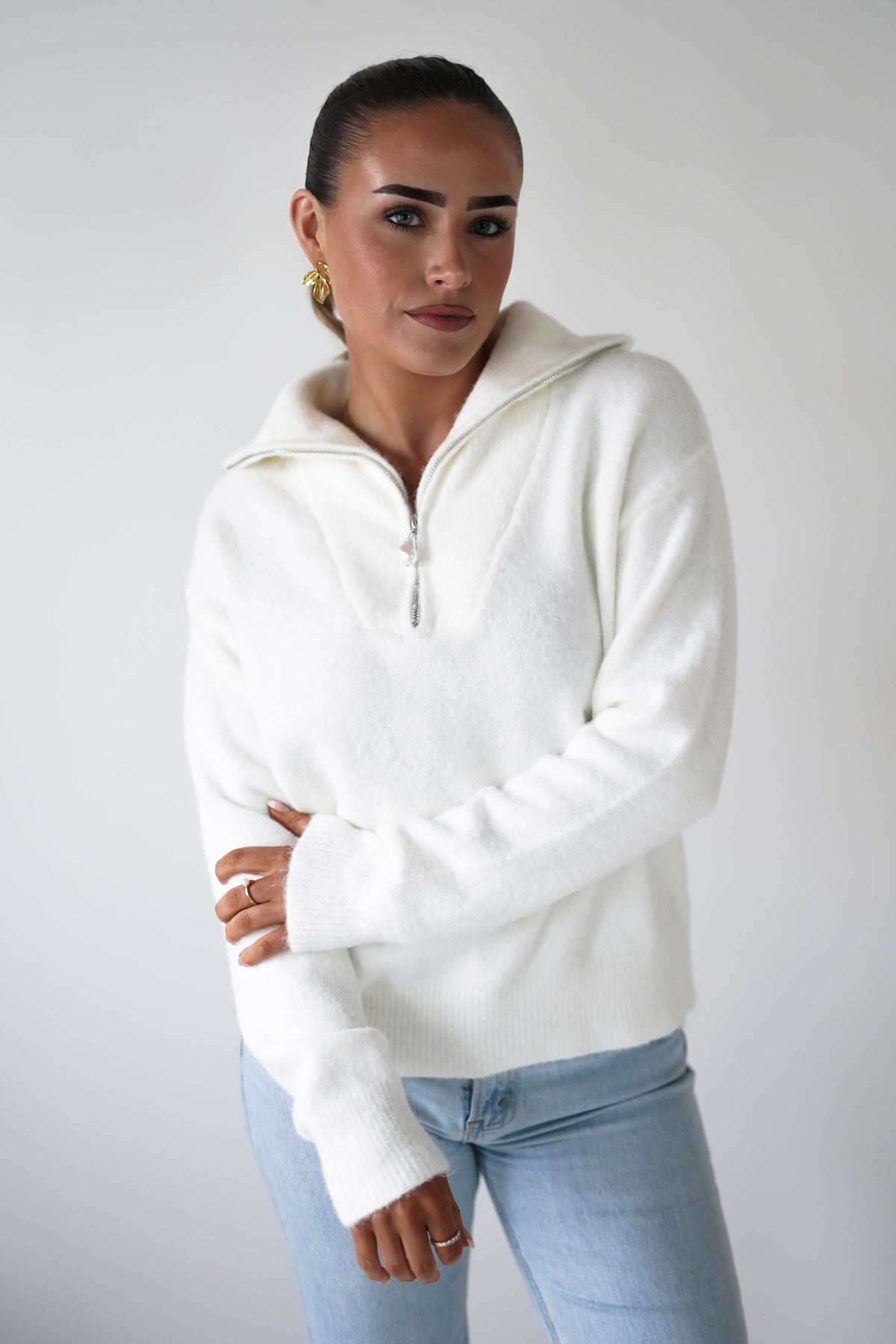 Chaney Half Pink Zip Jumper | White-Oh Hello Clothing