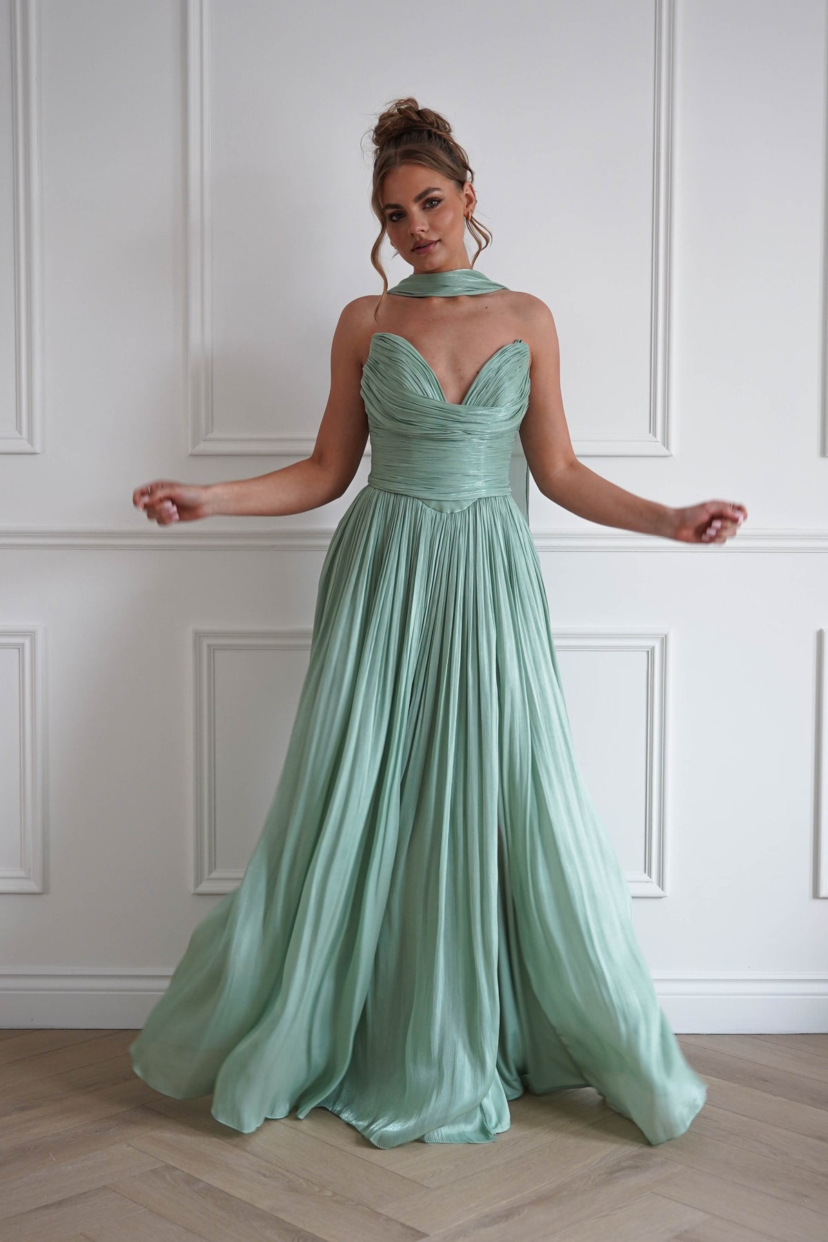 Charla Pleated Luminescent Maxi Gown | Sage-Oh Hello Clothing