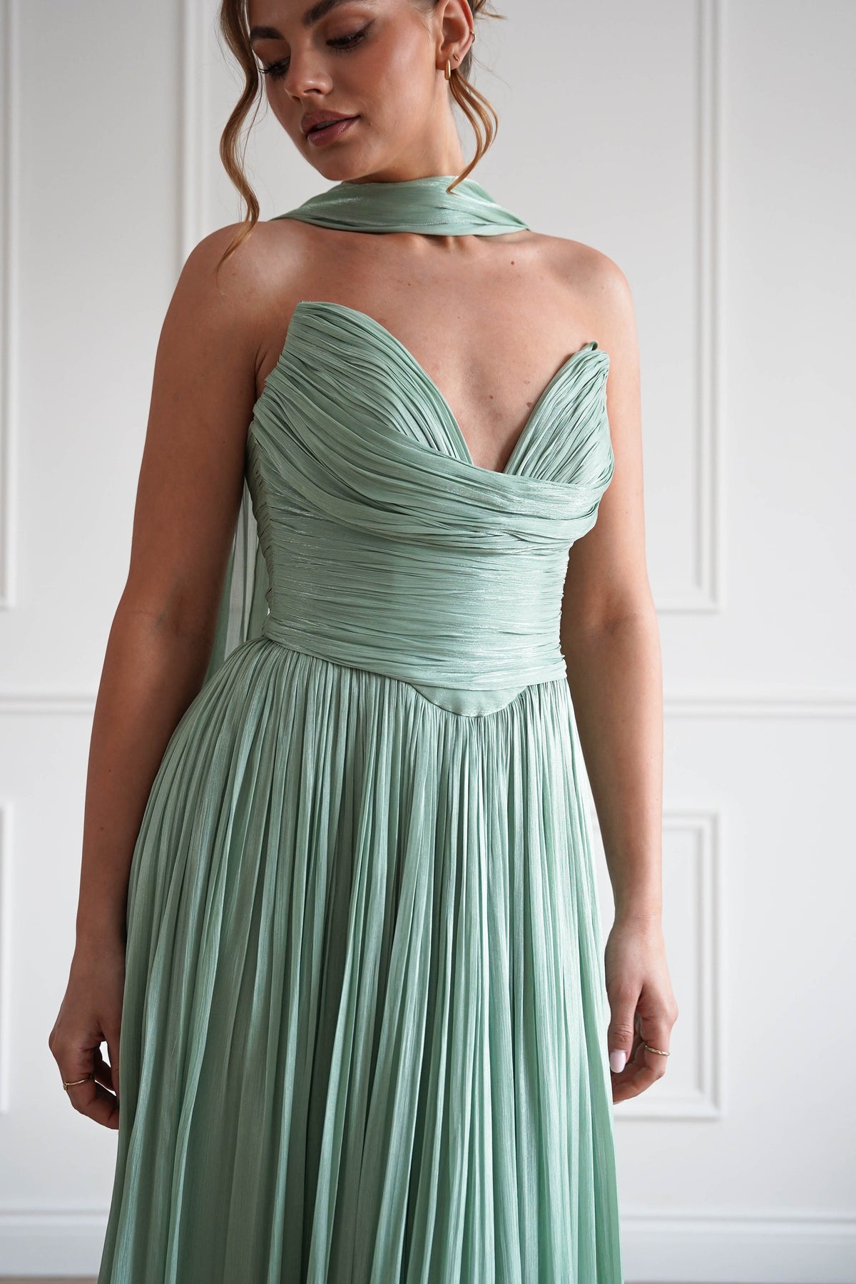 Charla Pleated Luminescent Maxi Gown | Sage-Oh Hello Clothing