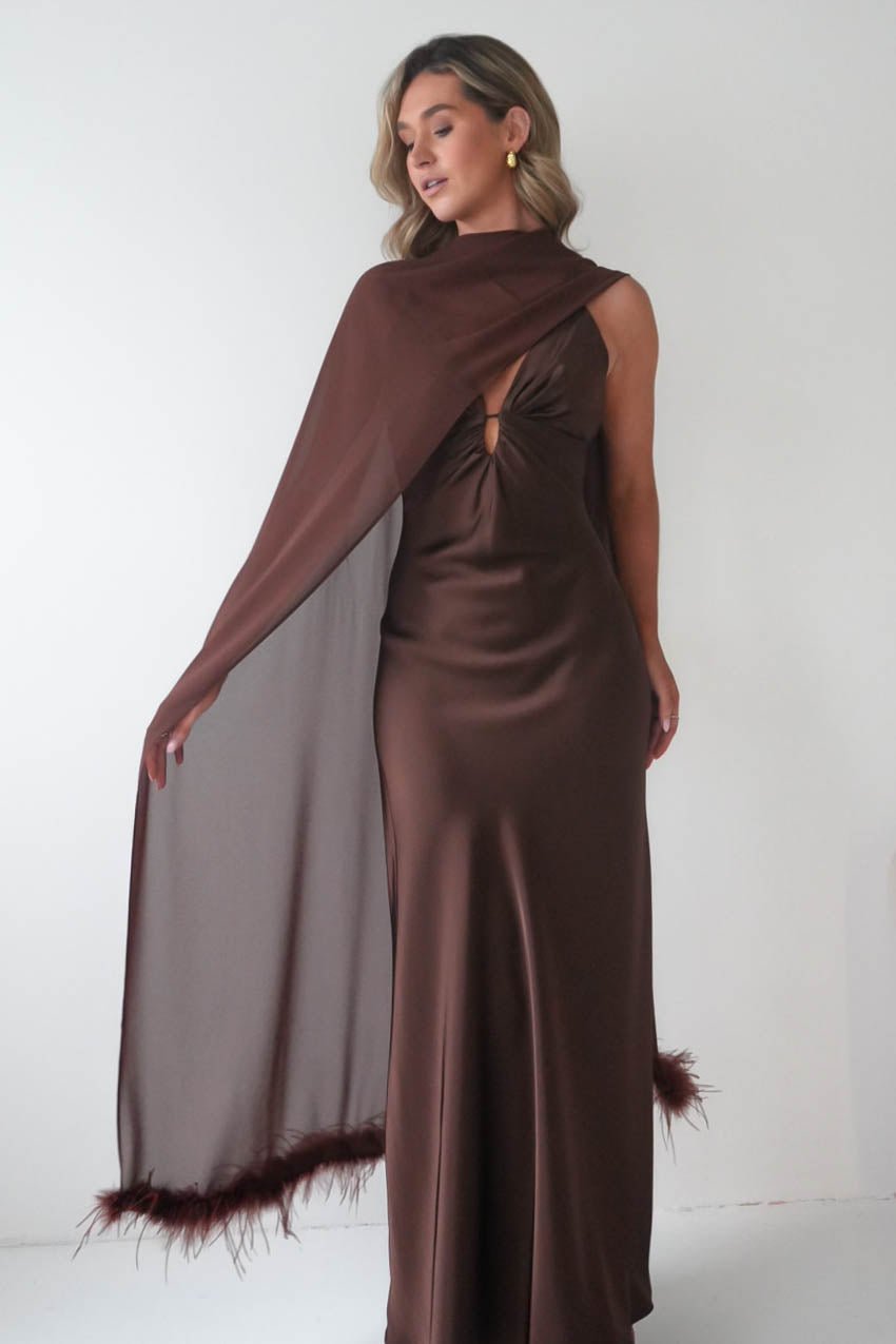Chelle Chiffon Wrap Shawl With Feather Trim | Brown-Oh Hello Clothing