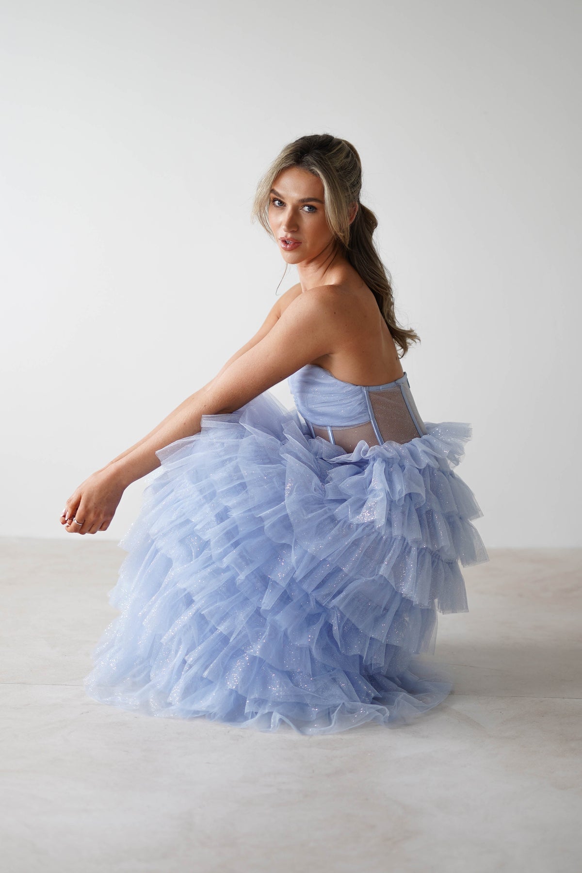 Claudette Ruffle Glitter Maxi Dress | Blue-Oh Hello Clothing