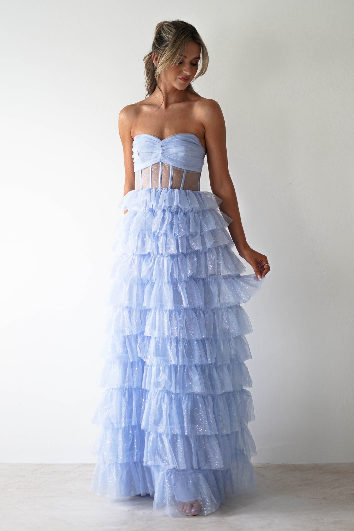 Claudette Ruffle Glitter Maxi Dress | Blue-Oh Hello Clothing