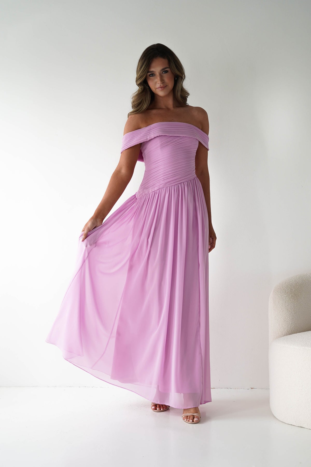 Connie Off The Shoulder Chiffon Maxi Dress | Pink-Oh Hello Clothing