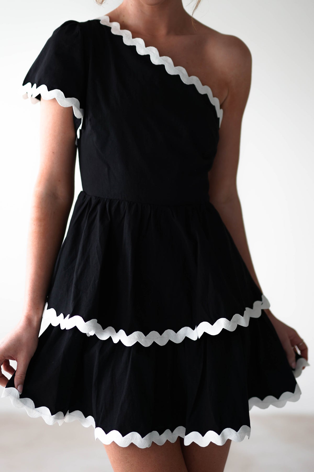 * DONE - BLACK RUFFLE BODYCON WITH ROWAN/KLABELLE NECKLINE | Black ***SASHA-Oh Hello Clothing