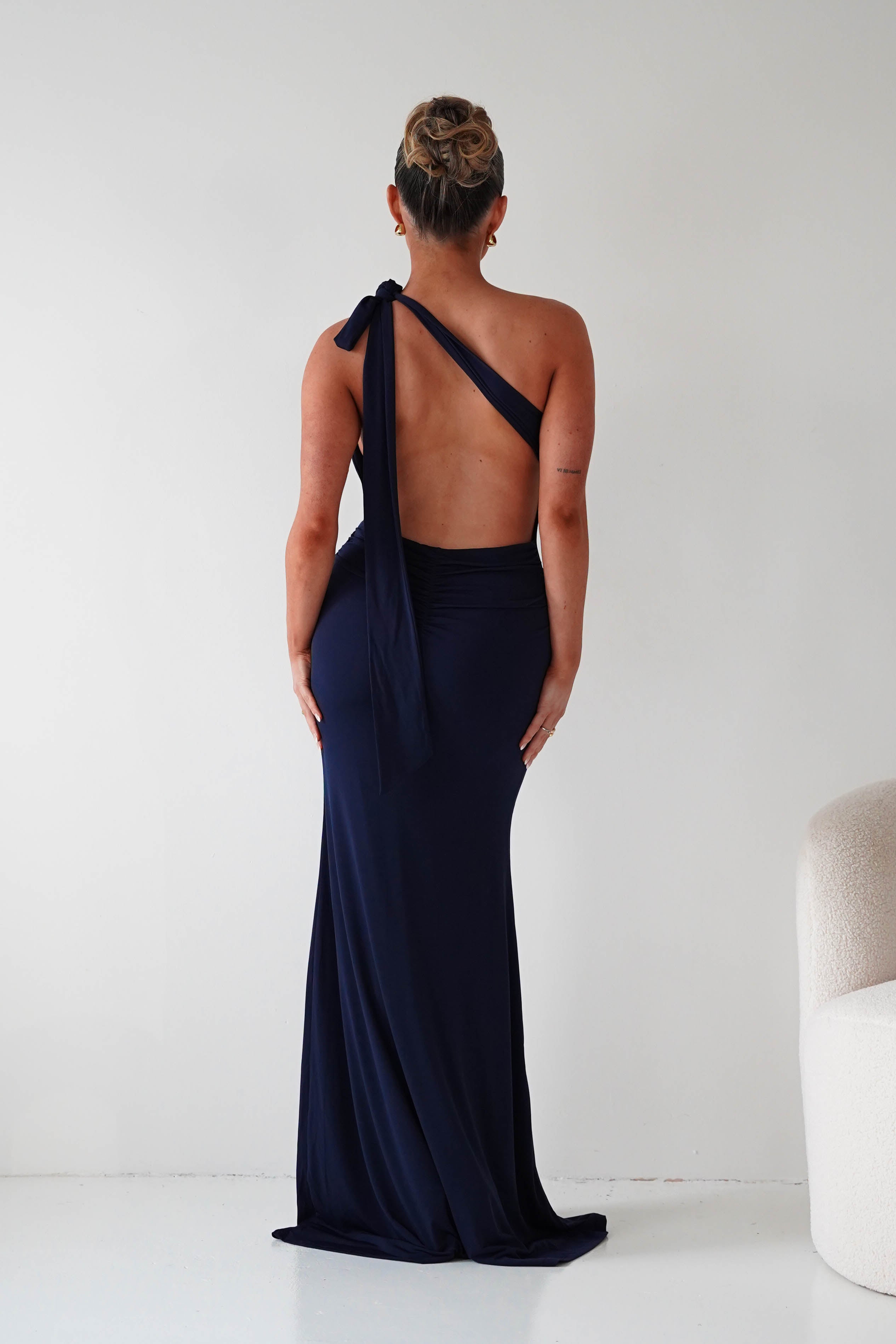 Seraphine Backless Tie Bodycon Maxi Gown | Navy